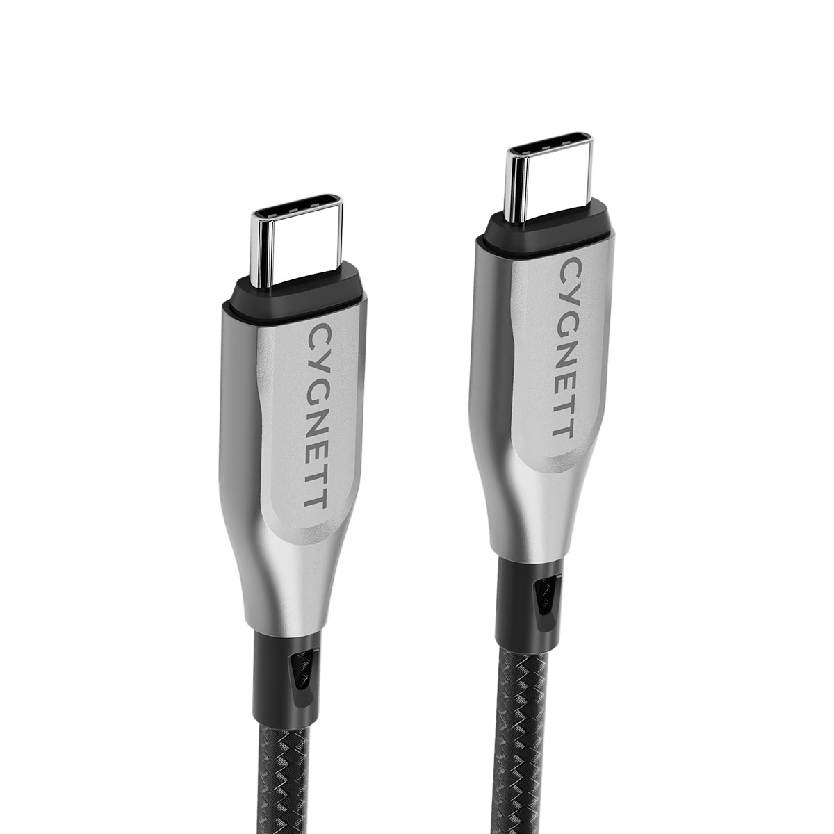 Due cavi USB-C argentati con cordoni neri intrecciati e loghi argentati CYGNETT.