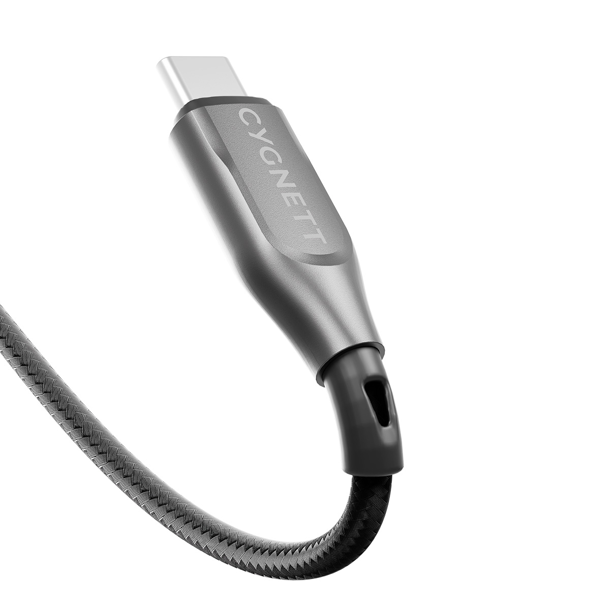 Cavo USB-C grigio con logo CYGNETT e cavo intrecciato nero.