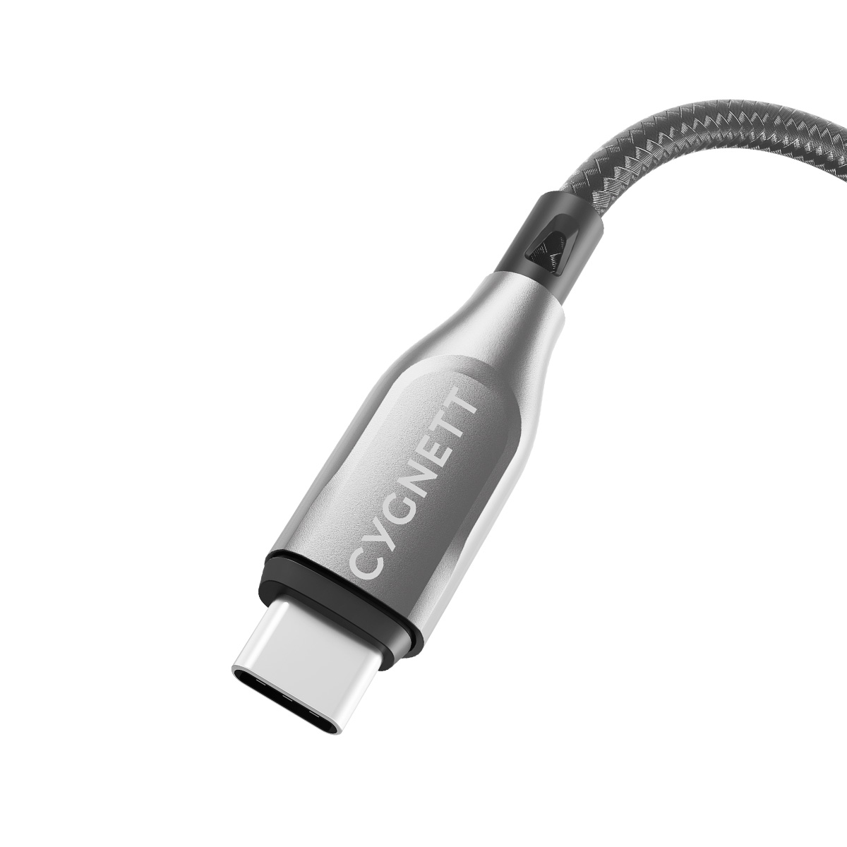 Connettore cavo USB-C argento con cavo intrecciato e logo 'CYGNETT'.