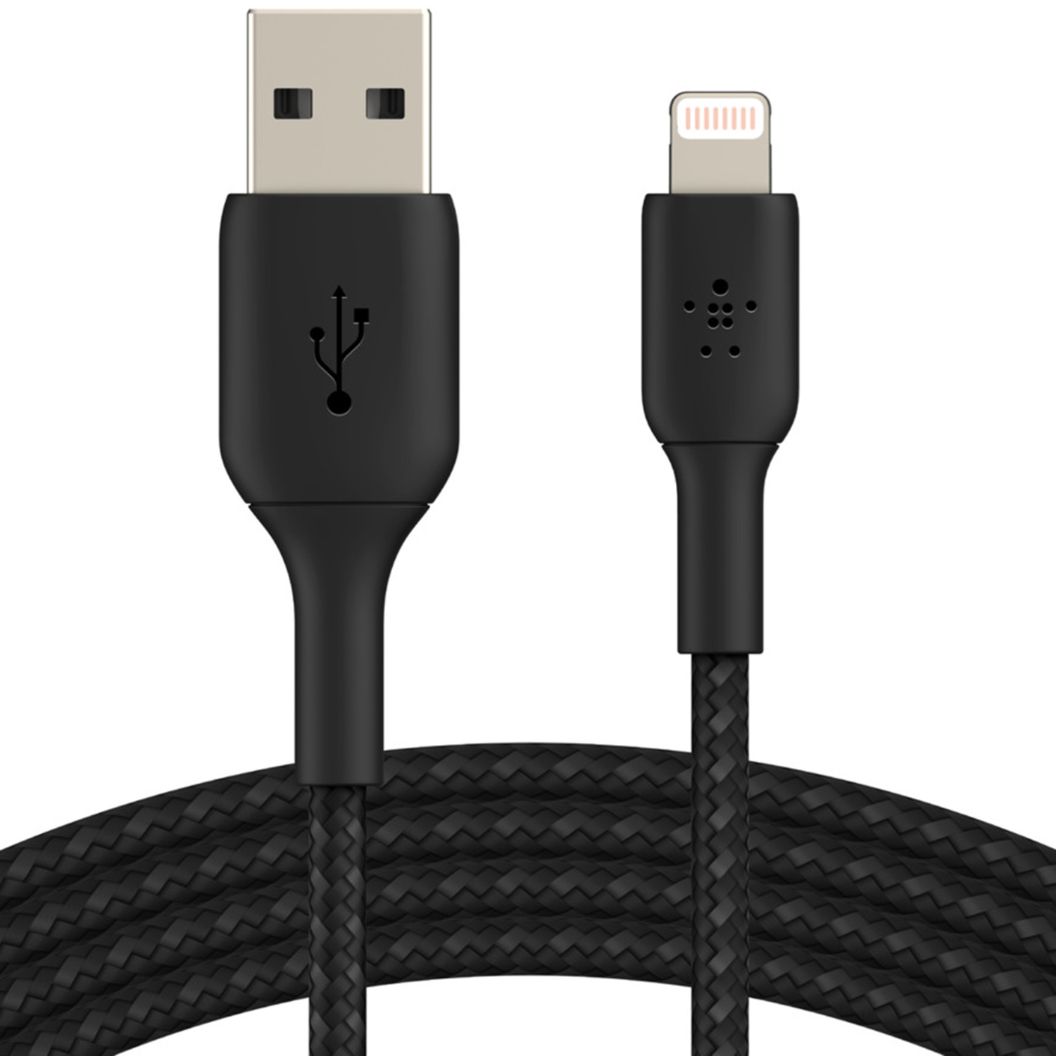 Câble USB-C noir avec connecteurs USB-A et Lightning argentés.