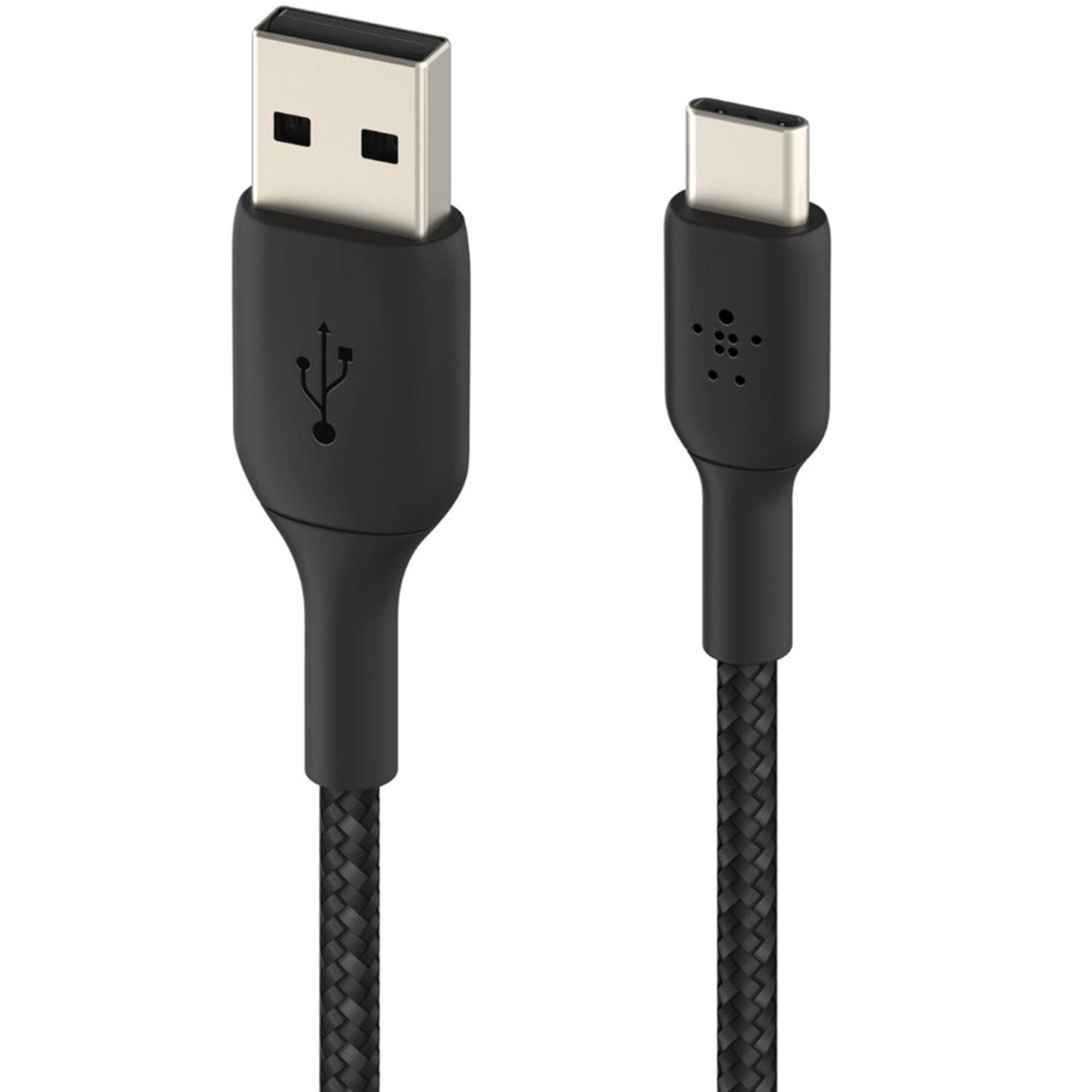 Zwarte USB-A naar USB-C kabel met gevlochten mantel en logo's.