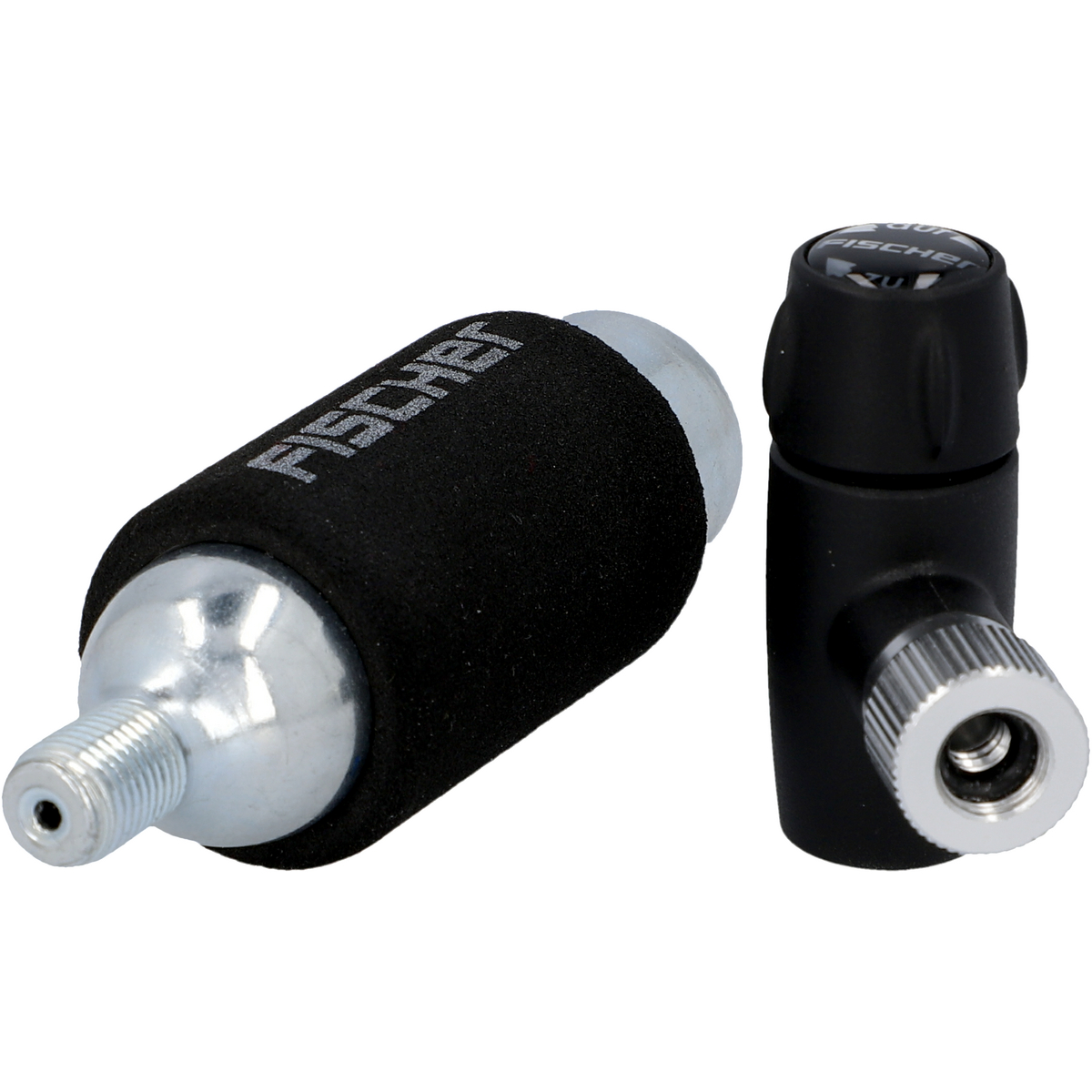 Ein CO2-Kartuschen-Inflator mit schwarzem Griff und silbernem Ventilanschluss.