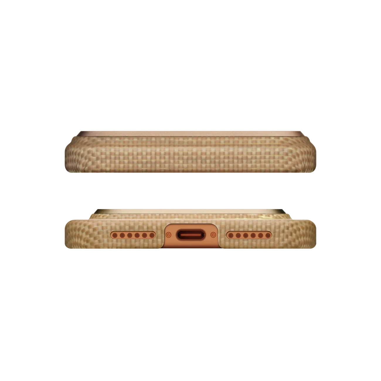 Dos fundas de teléfono beige con textura tejida. La funda inferior muestra el puerto de carga y orificios.
