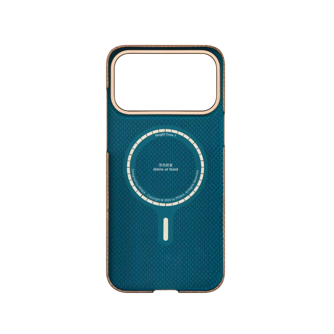 Funda azul para teléfono con anillo MagSafe dorado y detalles.
