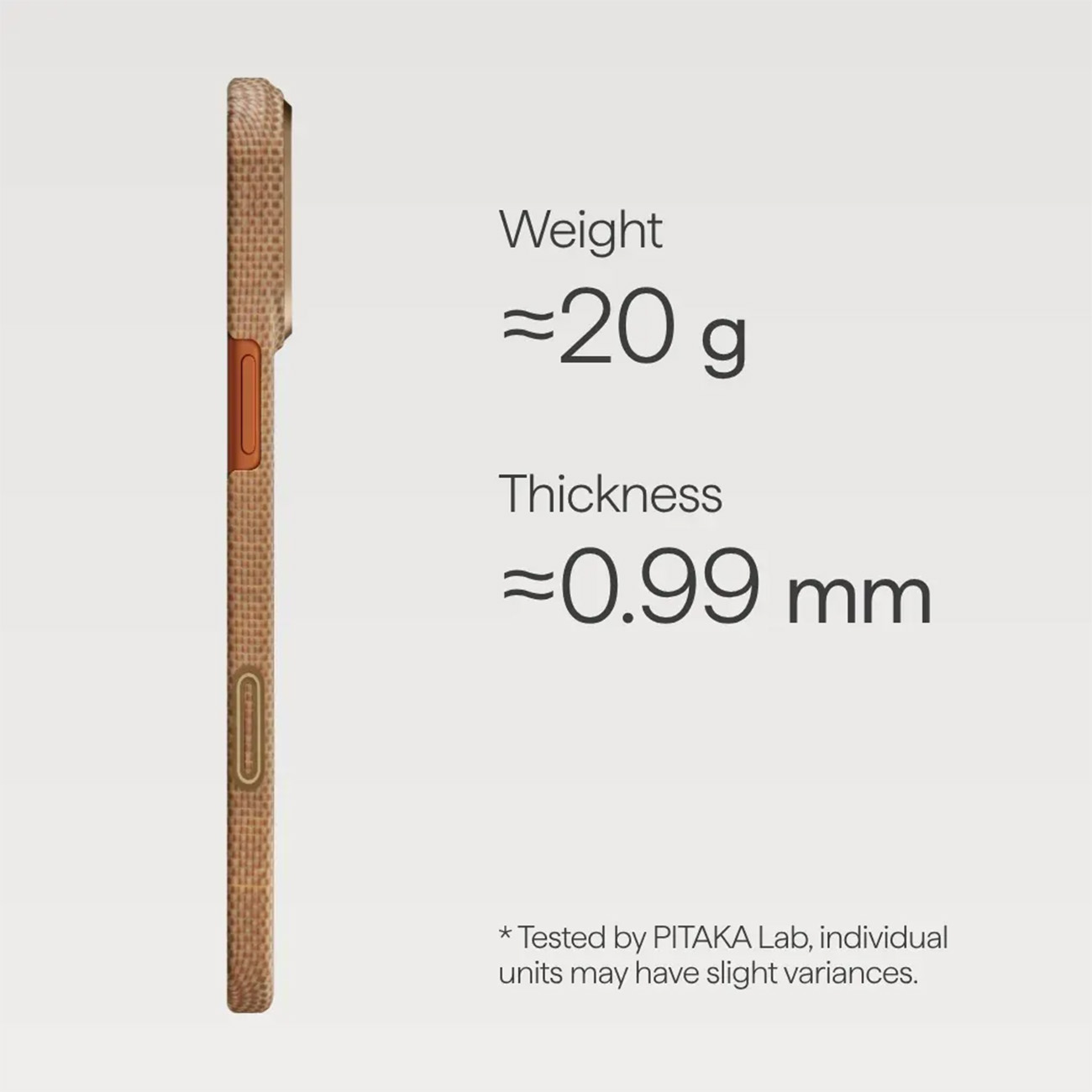 Una funda marrón para teléfono pesa aprox. 20g y tiene 0,99mm de grosor.