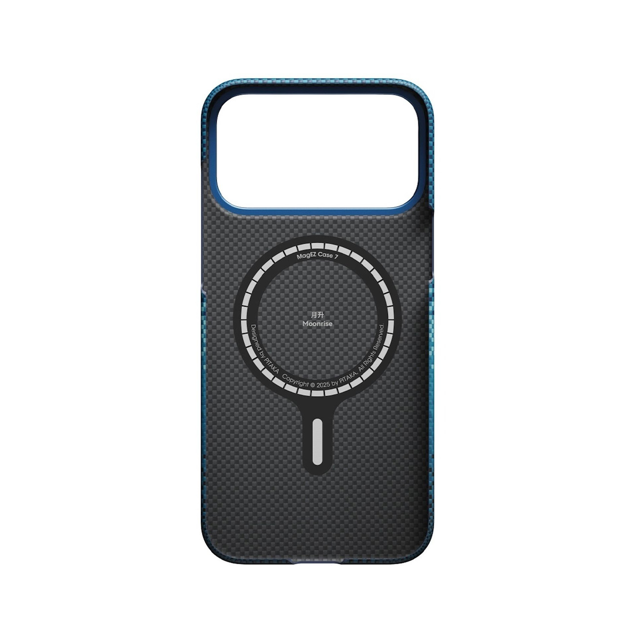 Schwarze Handyhülle mit blauem Rand und MagSafe-Kreis.