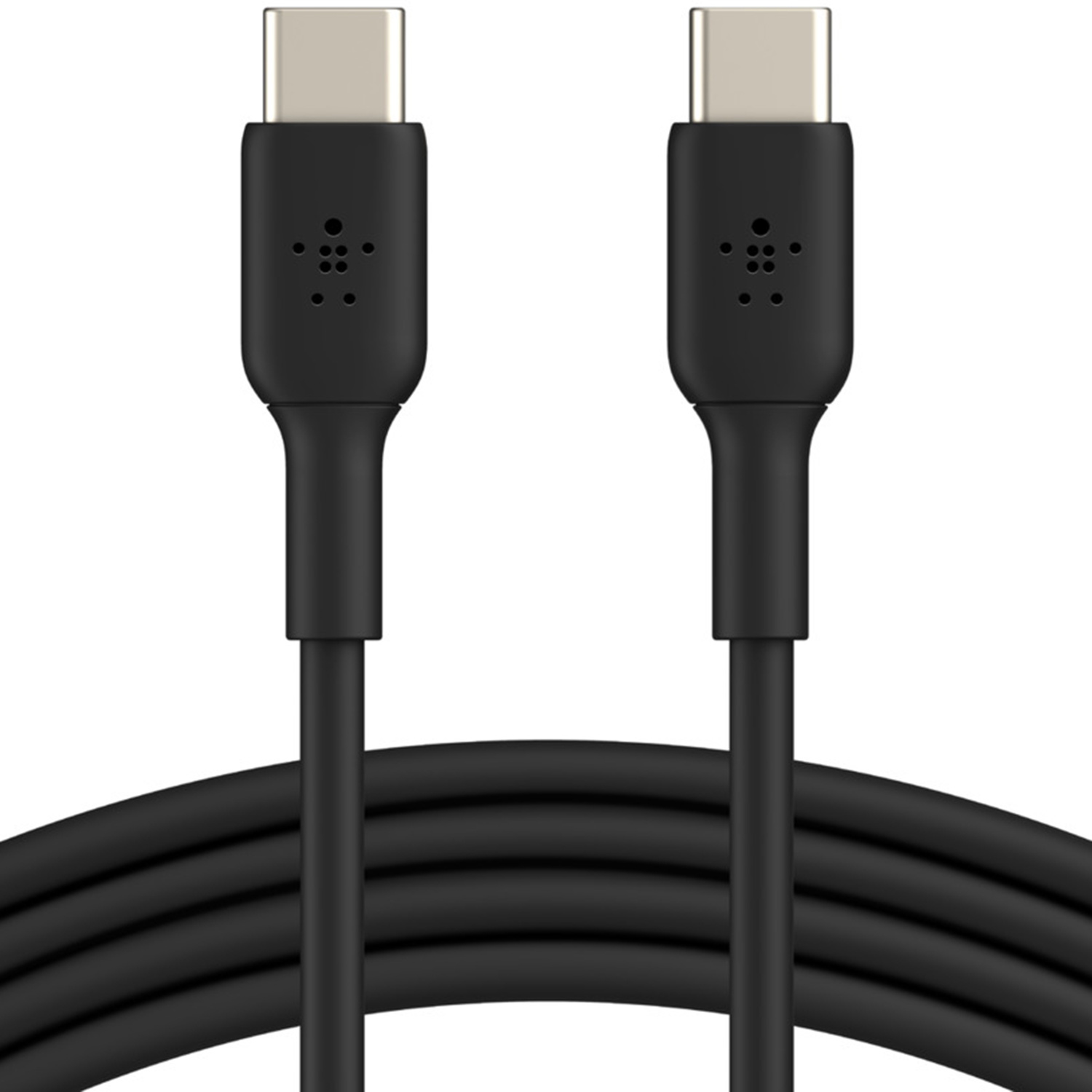 Zwei schwarze USB-C-Kabel mit silbernen Anschlüssen liegen auf einem weißen Hintergrund.