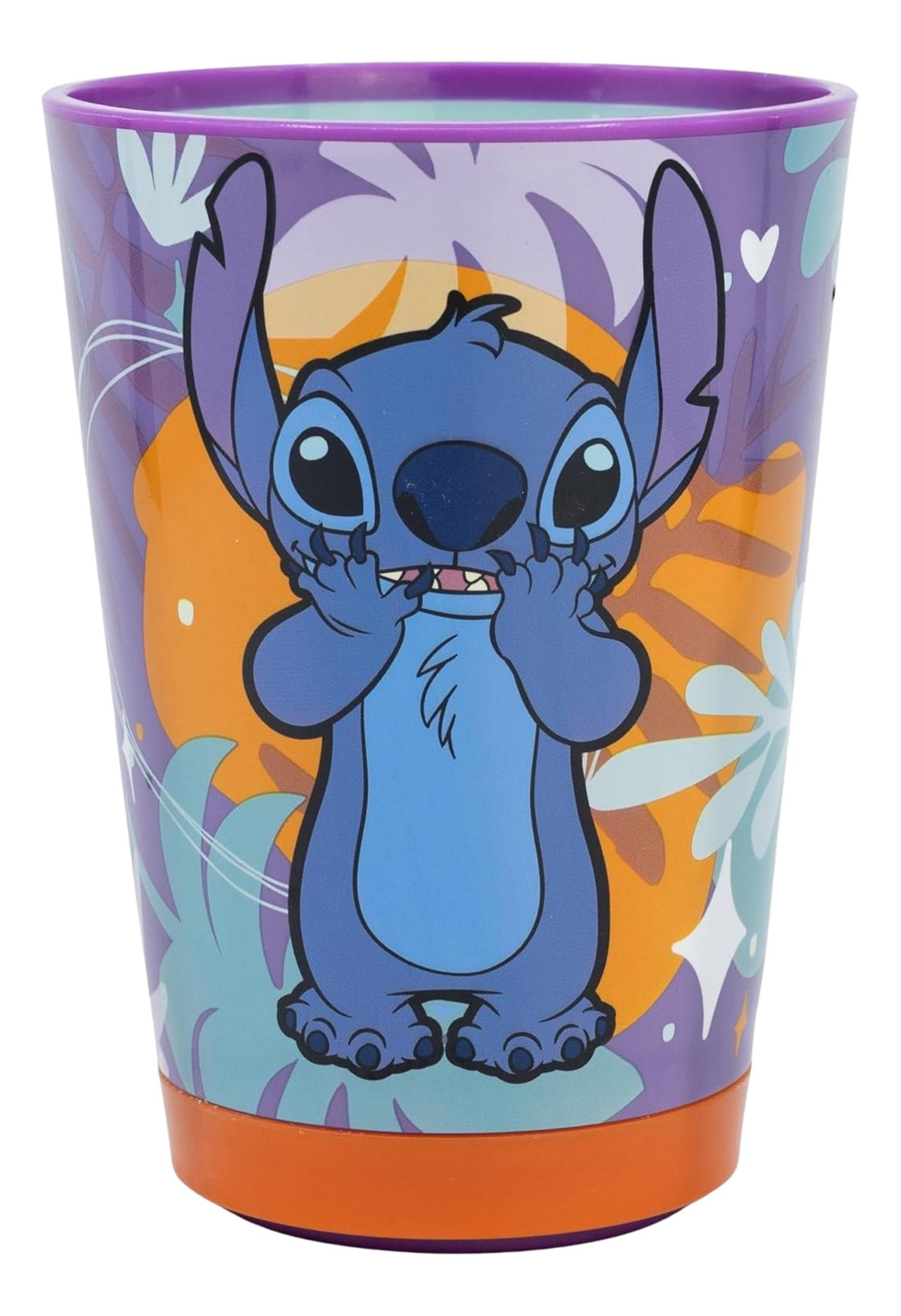 Bicchiere blu di Stitch con motivo tropicale e base arancione.