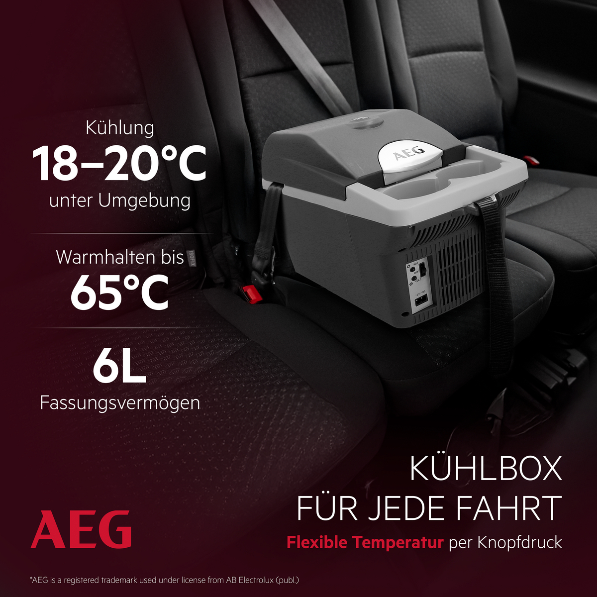 Graue AEG Kühlbox im Auto, kühlt bis 18°C, heizt bis 65°C, 6L.