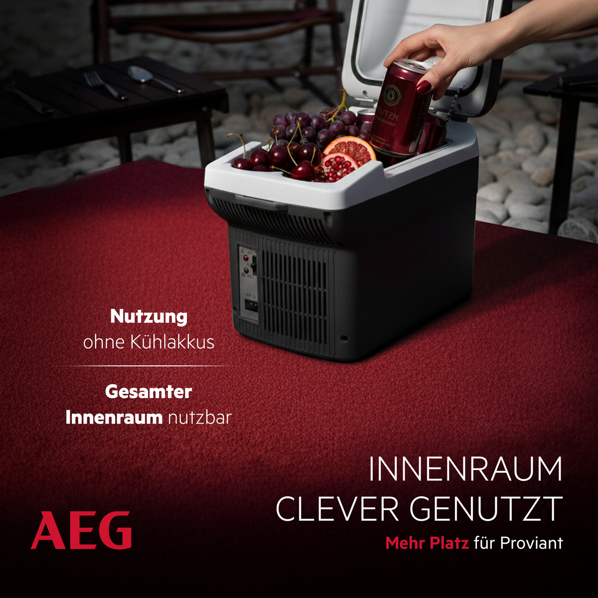 Eine Hand legt eine Dose in einen schwarzen Kühlschrank mit Obst.