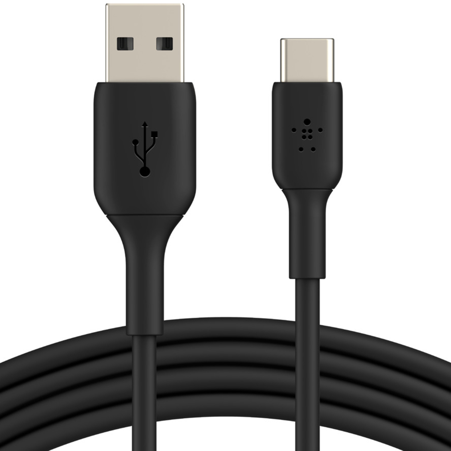 Cavo USB-A a USB-C nero con connettori argentati. Forma a cavo impilato.