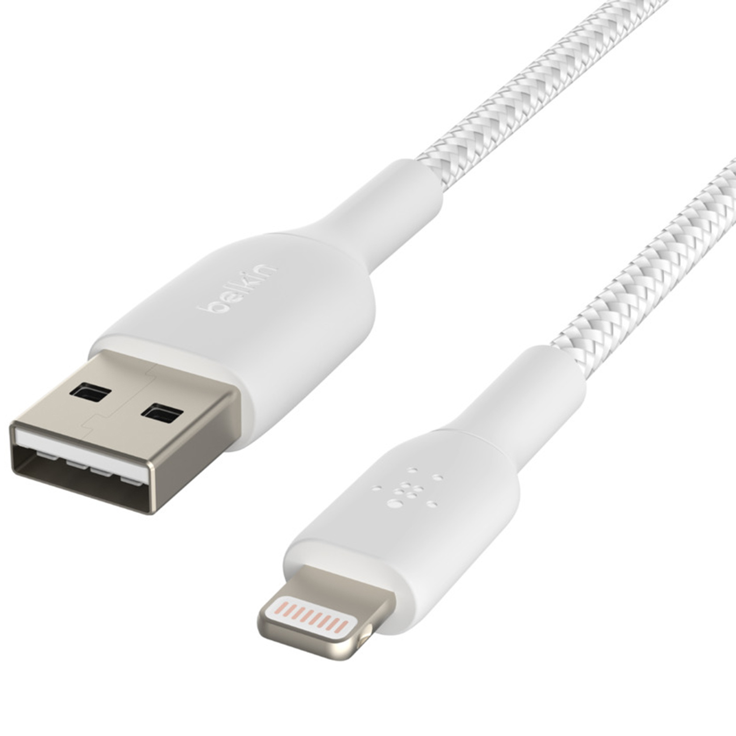 Un câble blanc USB vers Lightning avec design tressé et logo Belkin.