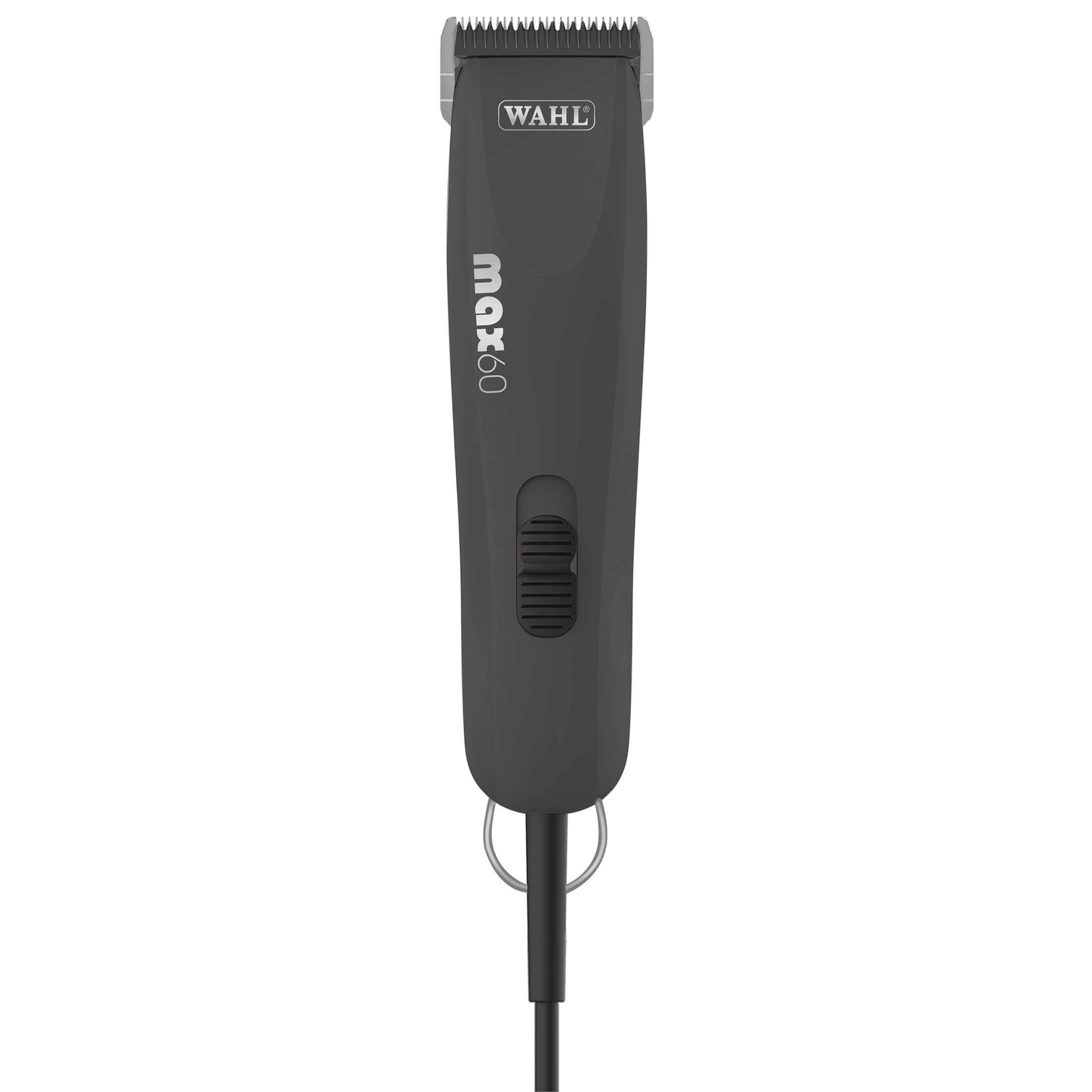 Dunkelgrauer WAHL Haarschneider mit silbernen Klingen und schwarzem Kabel.