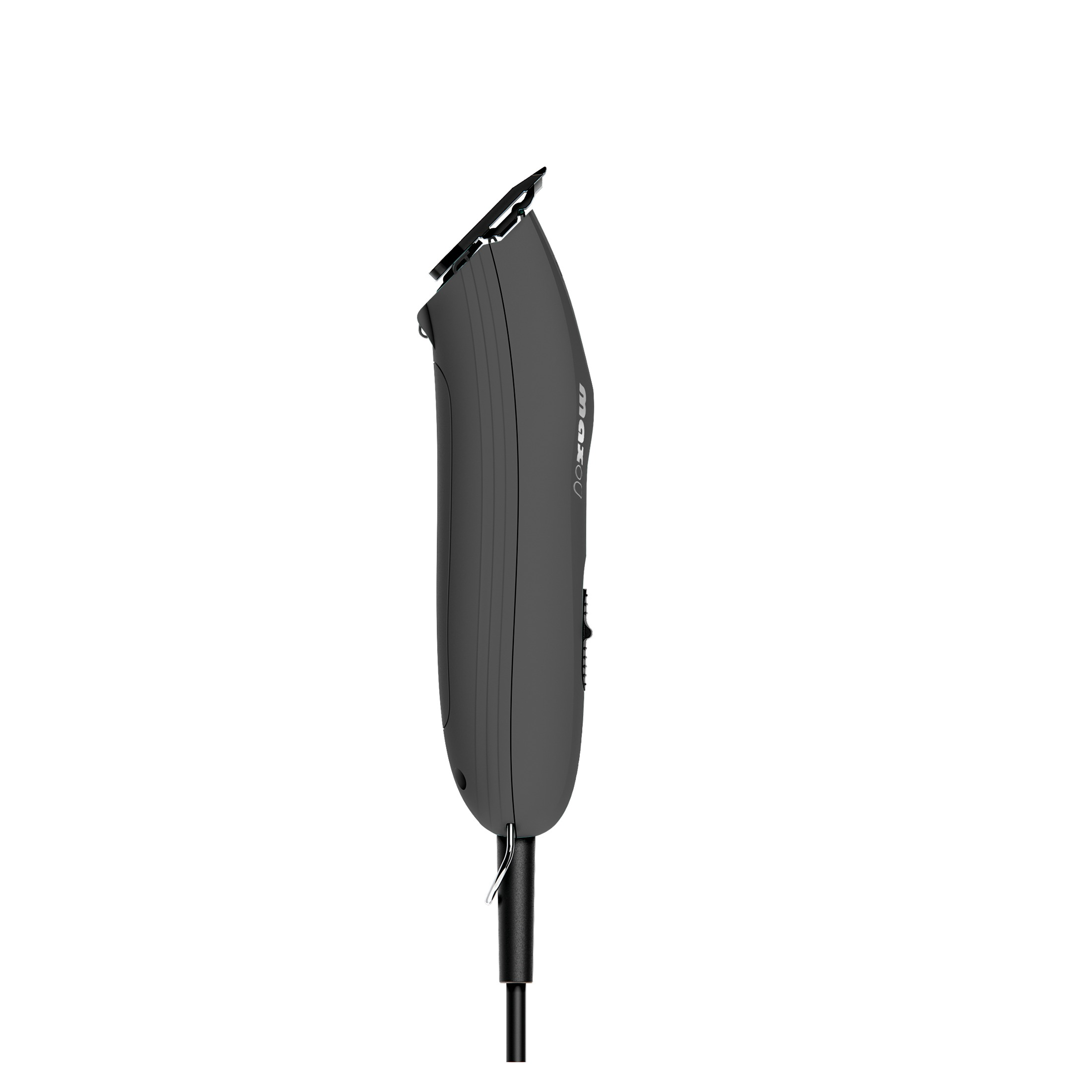 Grauer Haarschneider mit Kabel, Seitenansicht.