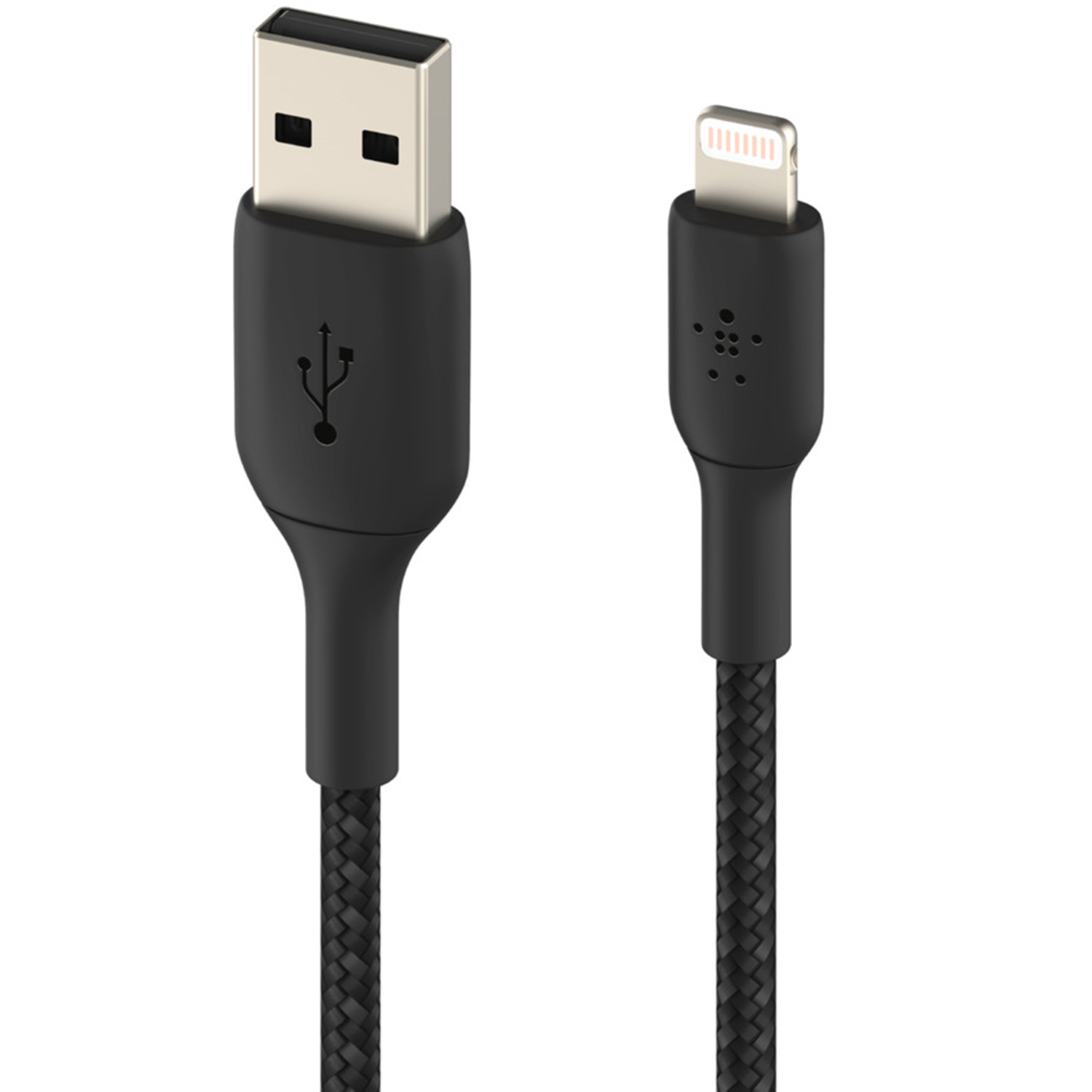 Câble USB-A vers Lightning noir avec tissu tressé.