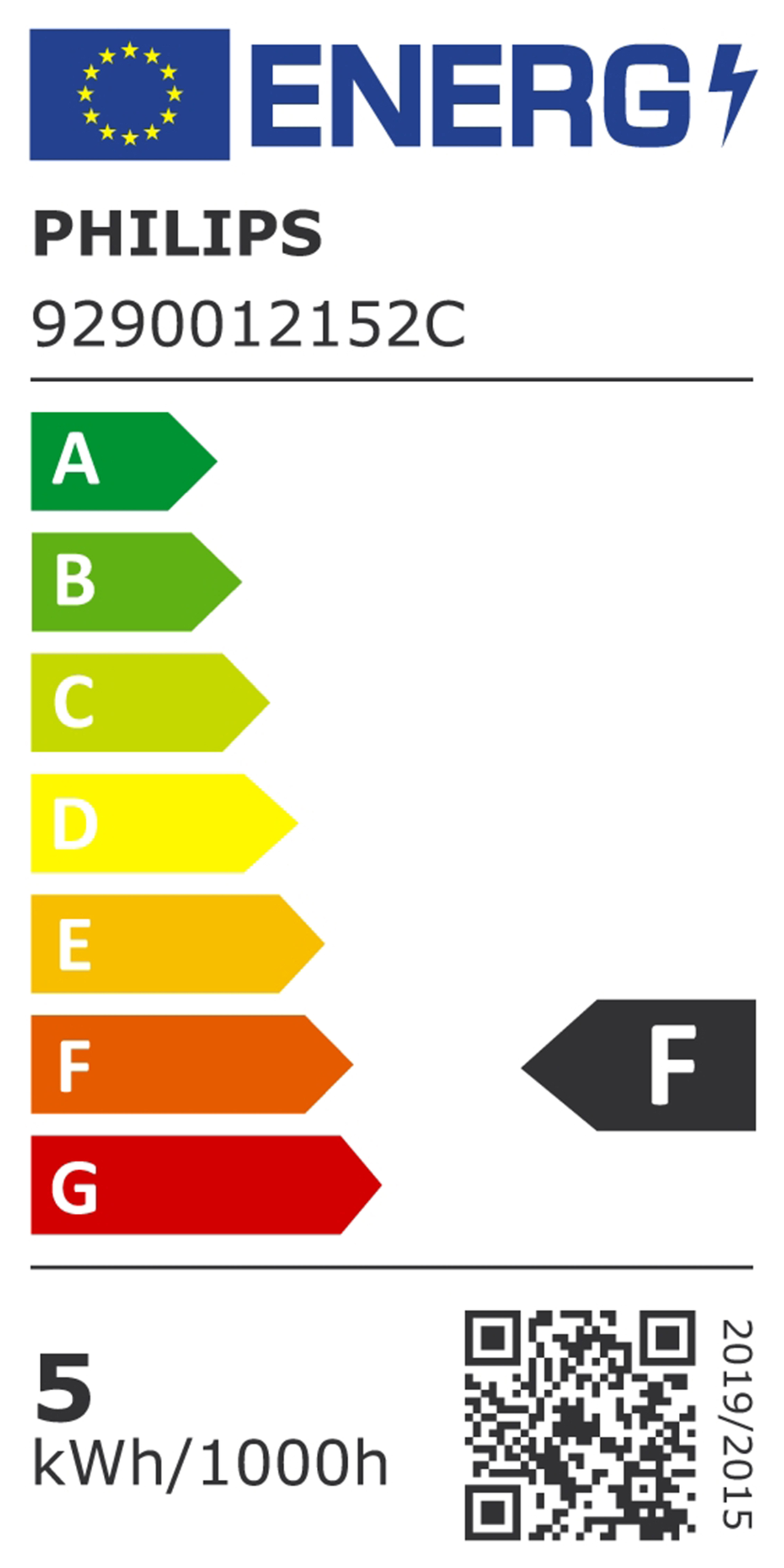 Etiqueta de eficiencia energética con logo Philips, escala de A a G. Consumo 5 kWh/1000h.