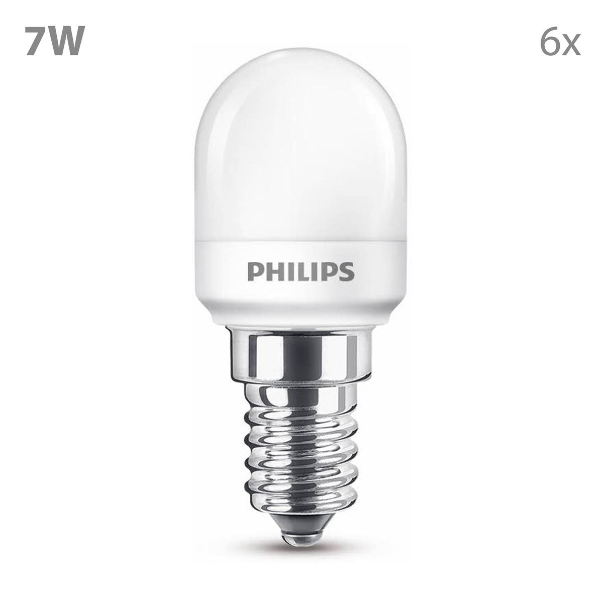 Een witte Philips LED-lamp van 7W met E14-fitting.