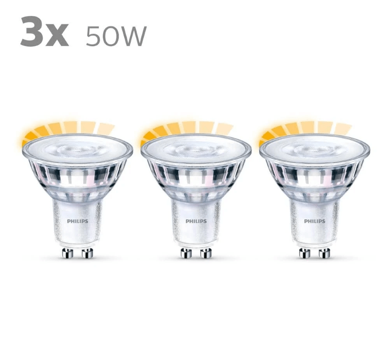 Drei Philips 50W GU10 LED-Lampen mit orangefarbenen Lichtbögen.