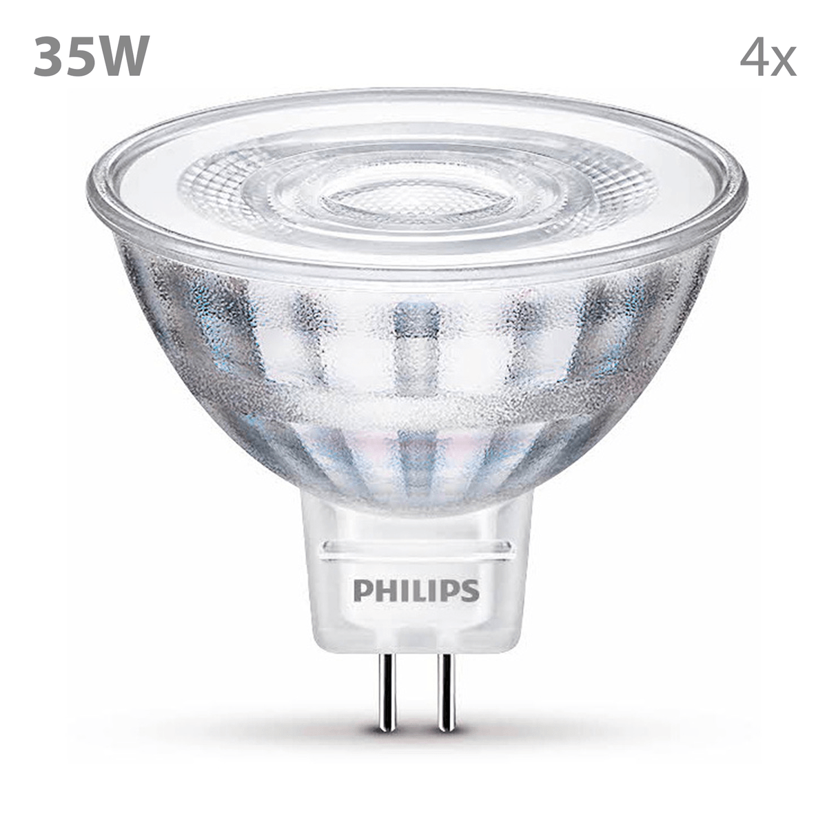 Una bombilla Philips de 35W con dos pines, en primer plano.
