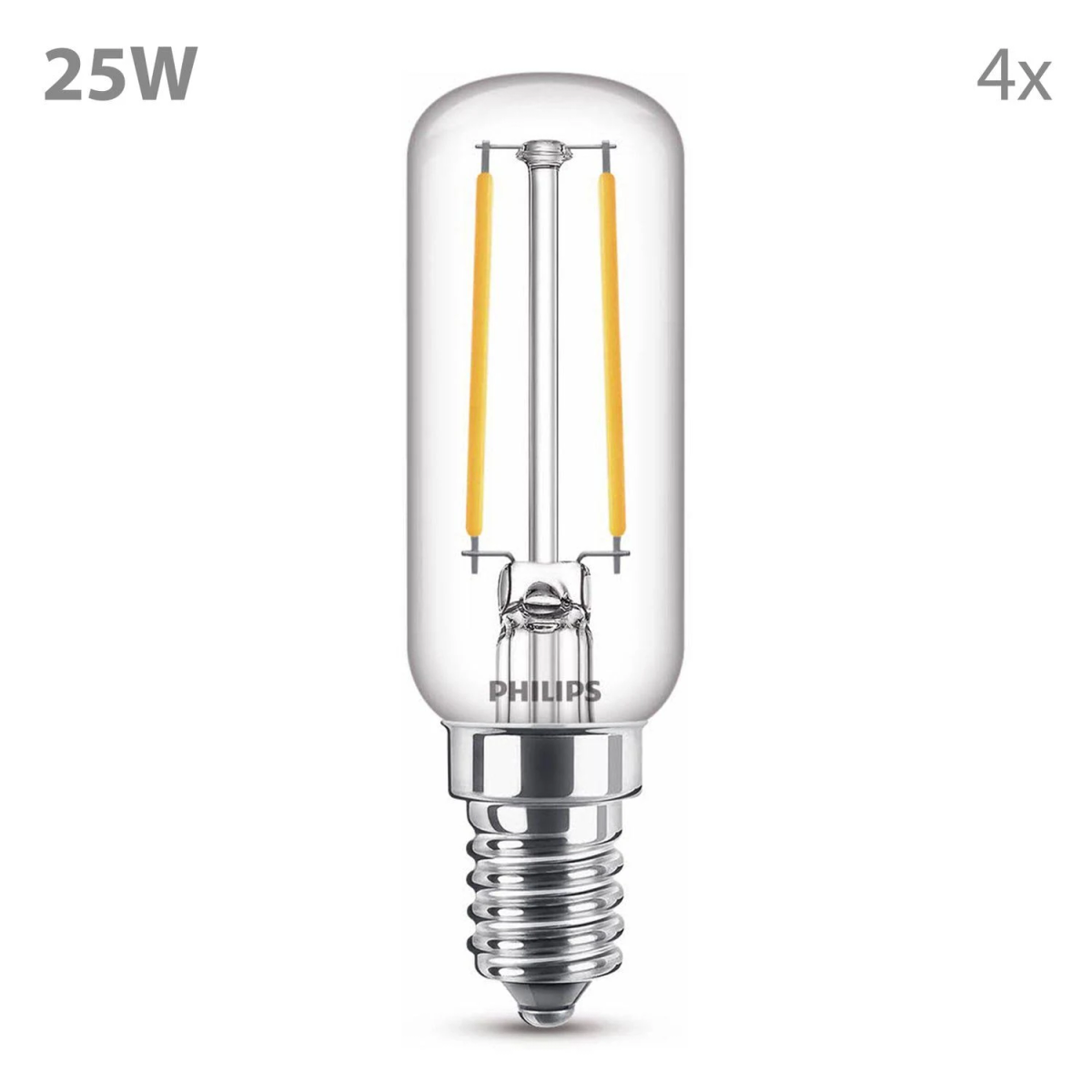 A clear light bulb with two yellow filaments on a white background.