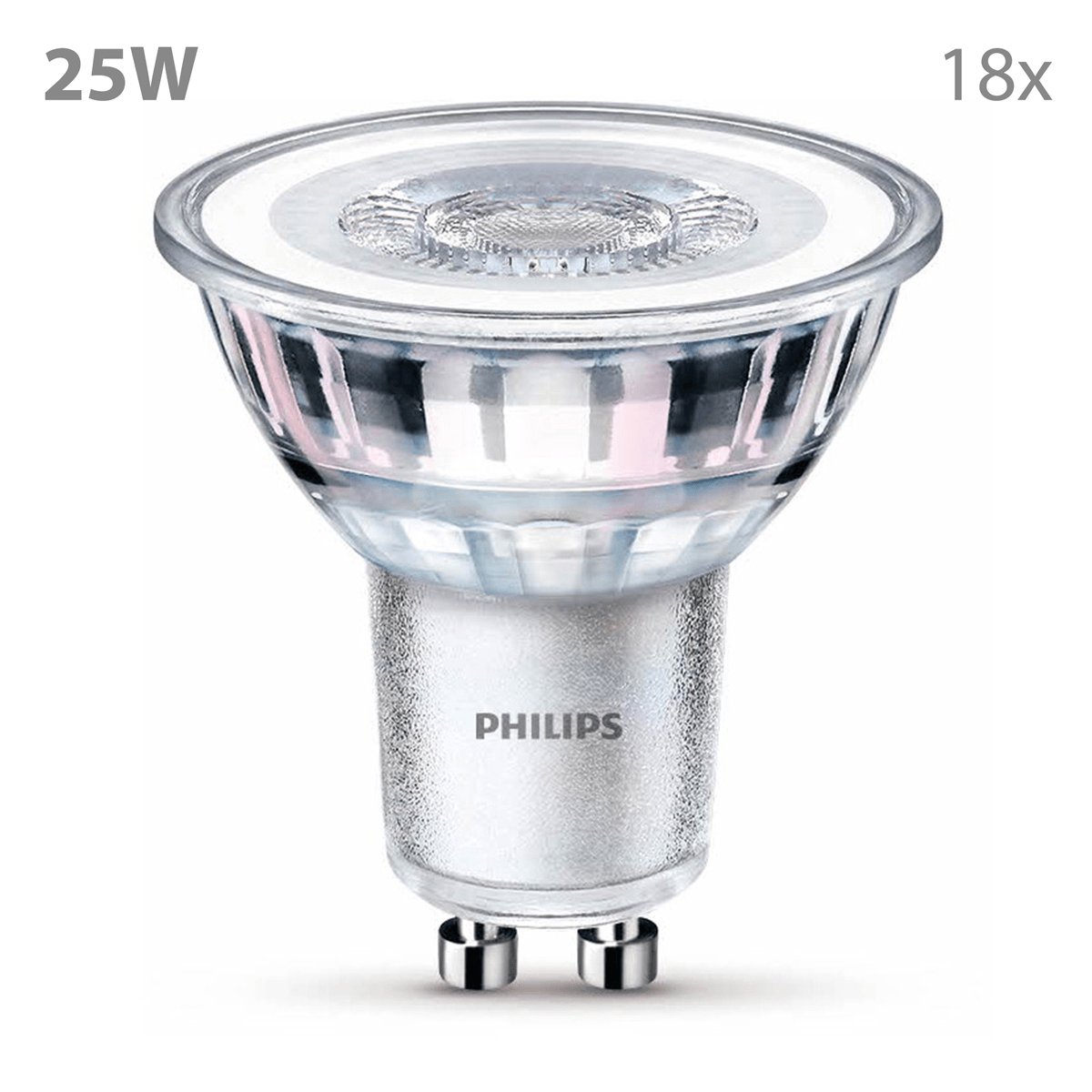 Bombilla de foco Philips 25W 18x GU10 con lente de vidrio transparente y base plateada.