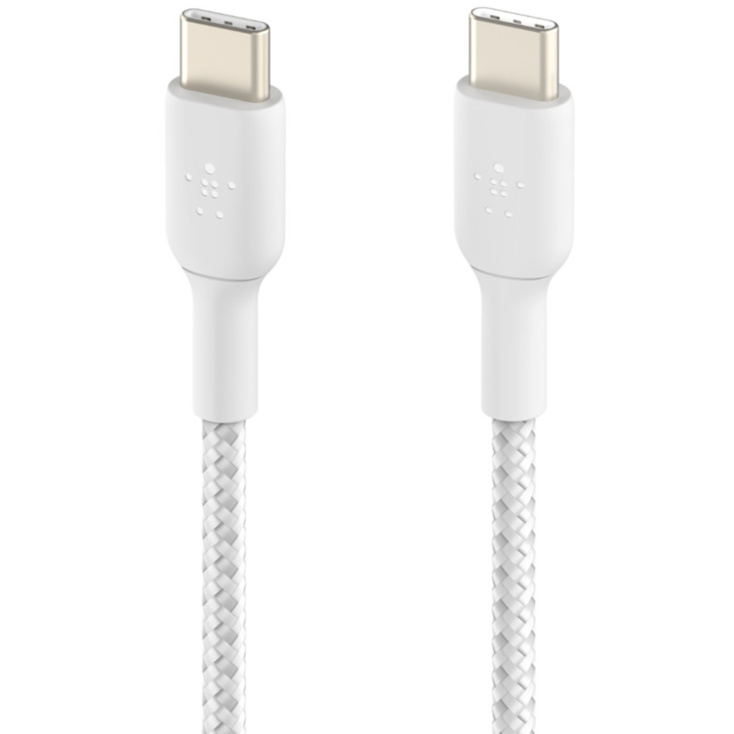 Zwei weiße USB-C-Kabel mit geflochtenem Design, auf weißem Hintergrund.