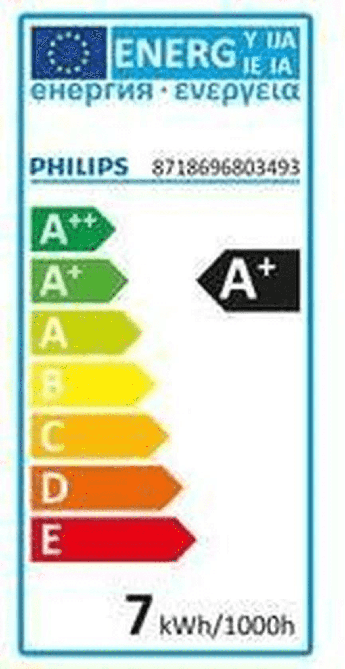Energy label showing A+ as the best efficiency class and 7 kWh/1000h.