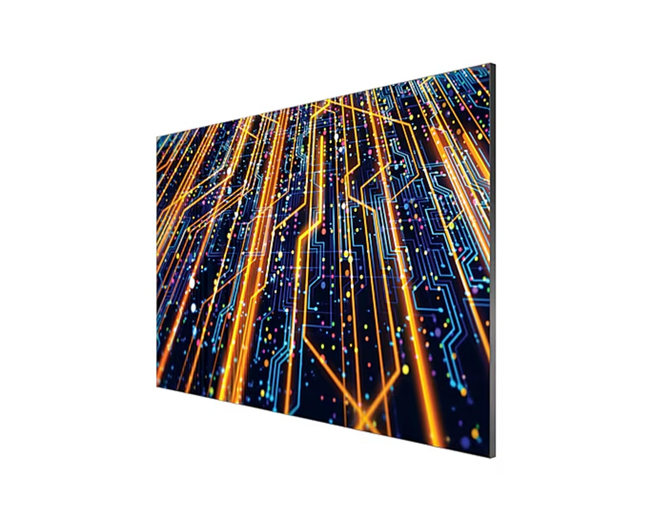 Abstrakte digitale Schaltung mit blauen und orangen Linien und bunten Punkten.