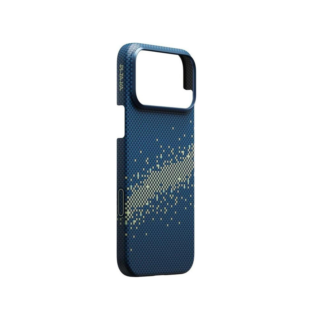 Custodia blu scuro per telefono con motivo pixel e logo.