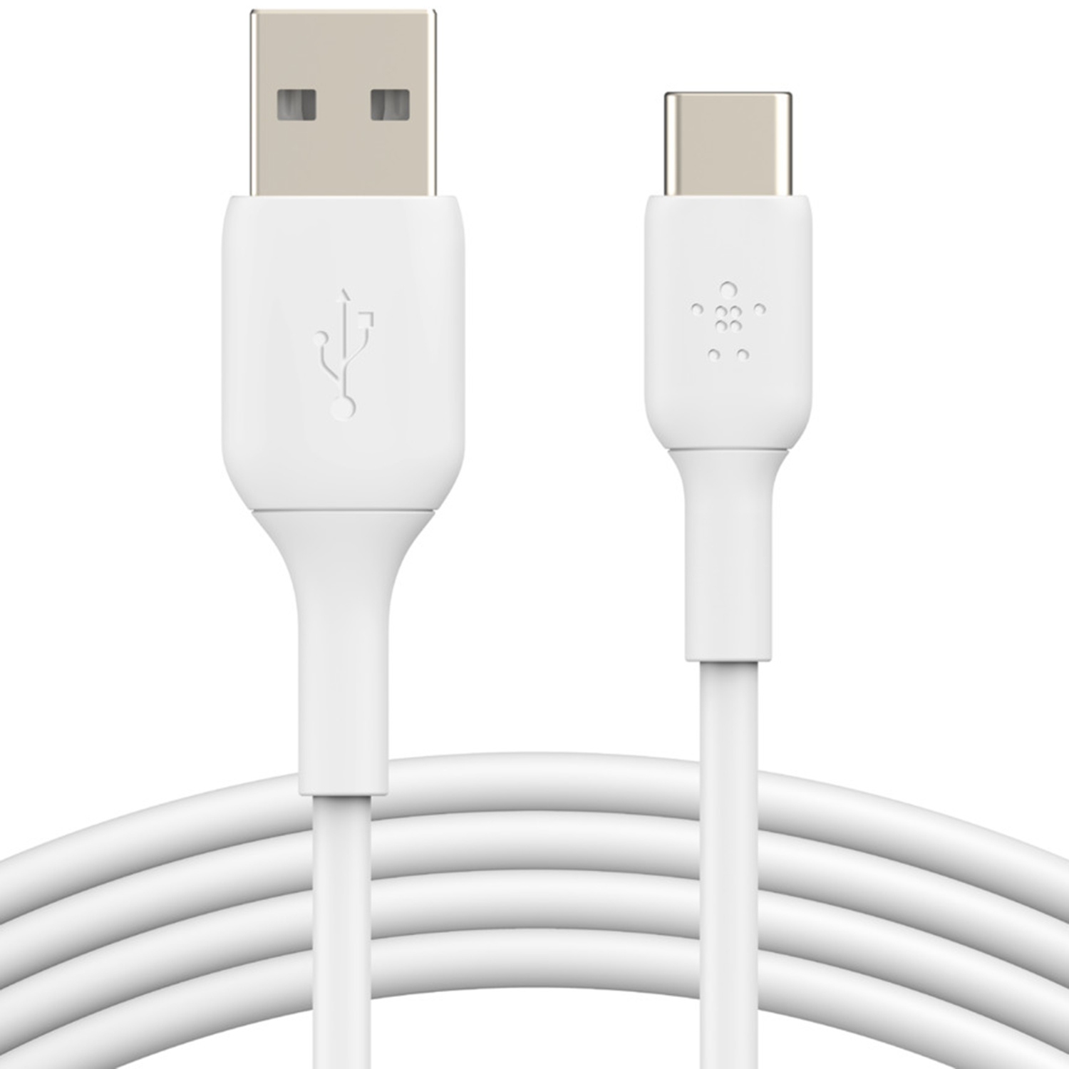 Un cavo USB-A a USB-C bianco, con entrambi i connettori a fuoco.