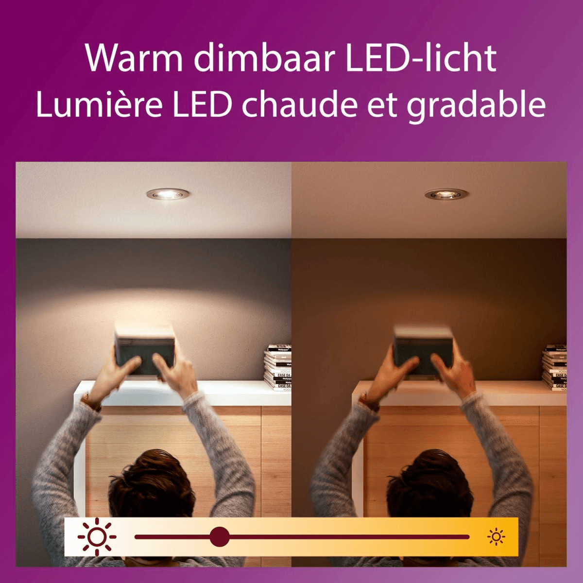 Persoon dimt een LED-lamp met een afstandsbediening om de kleur aan te passen.
