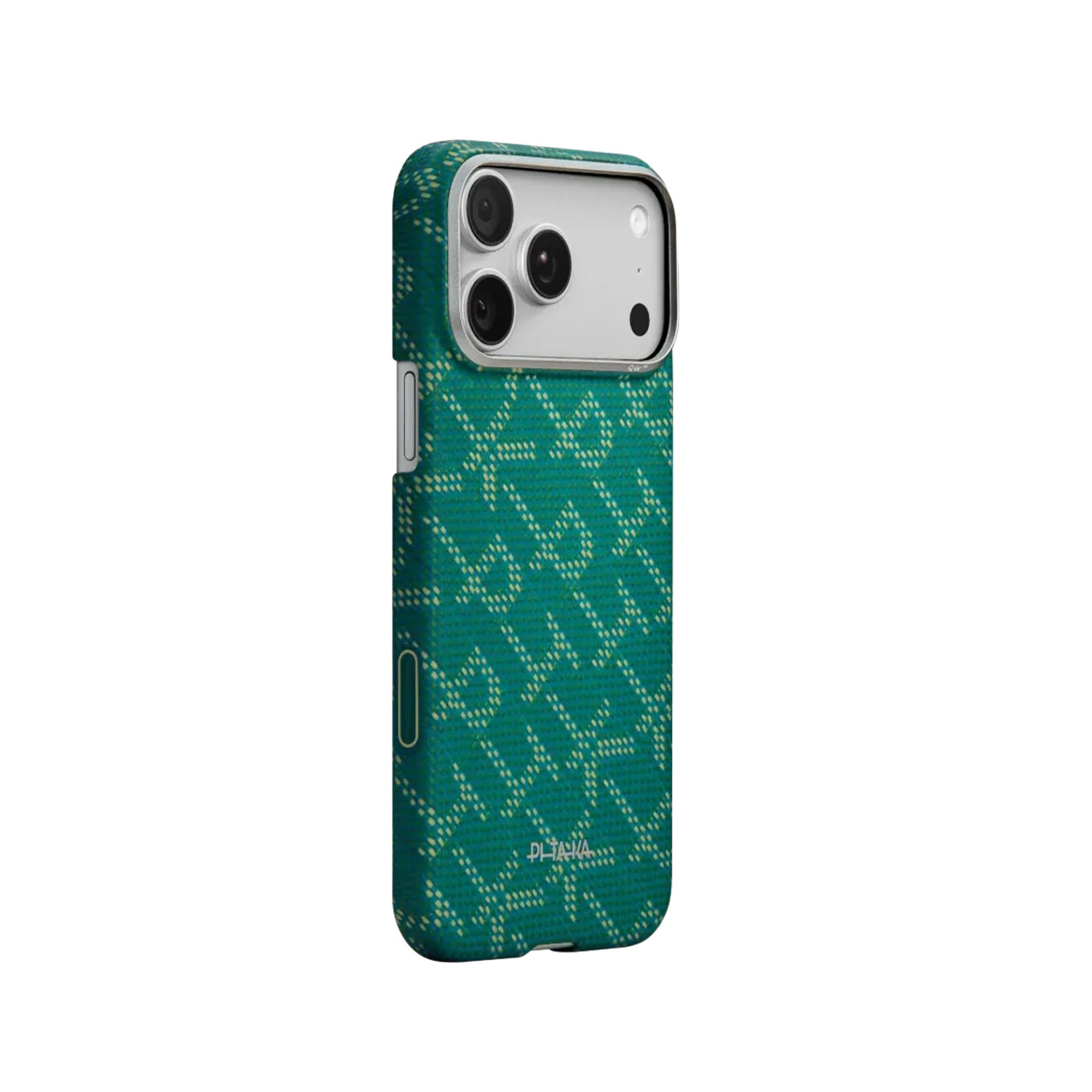 Funda de teléfono verde con patrón y recorte de cámara.