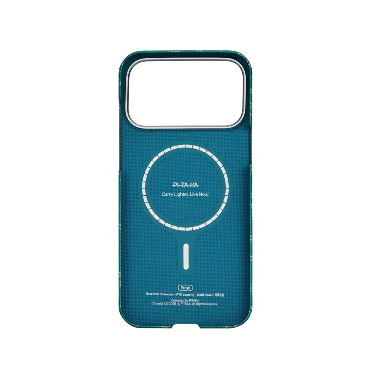 Una funda de teléfono azul con un círculo y texto.