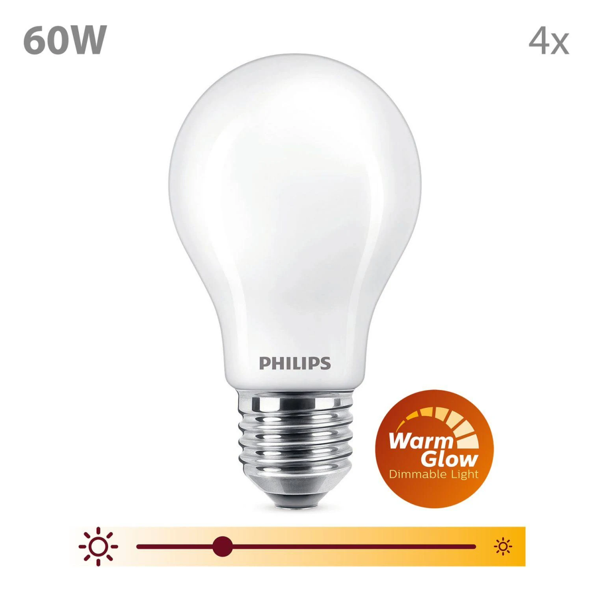 Una bombilla LED Philips blanca de 60W con luz cálida regulable.