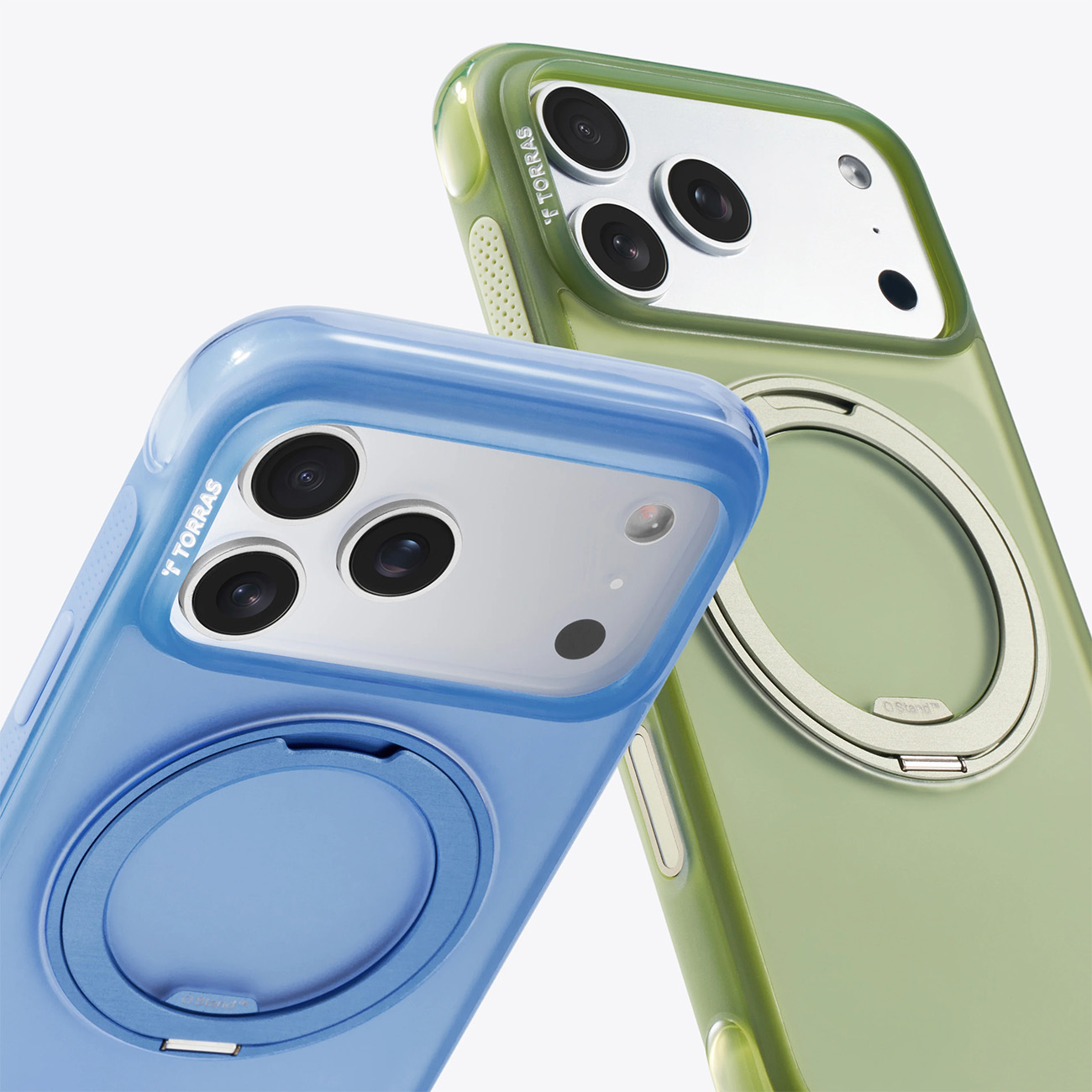 Dos fundas de teléfono translúcidas, azul y verde, con cámaras.