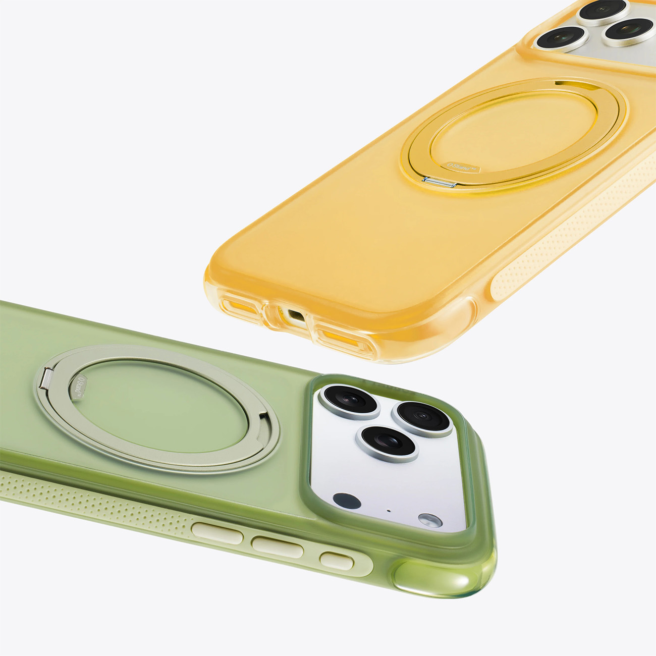 Dos fundas translúcidas para iPhone, una amarilla y otra verde, con soportes de anillo.