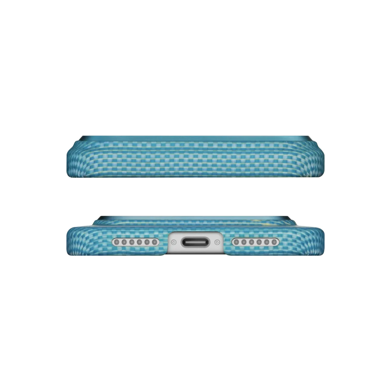 Dos fundas de teléfono azules con patrón de rejilla, una sobre otra, mostrando puertos abajo.