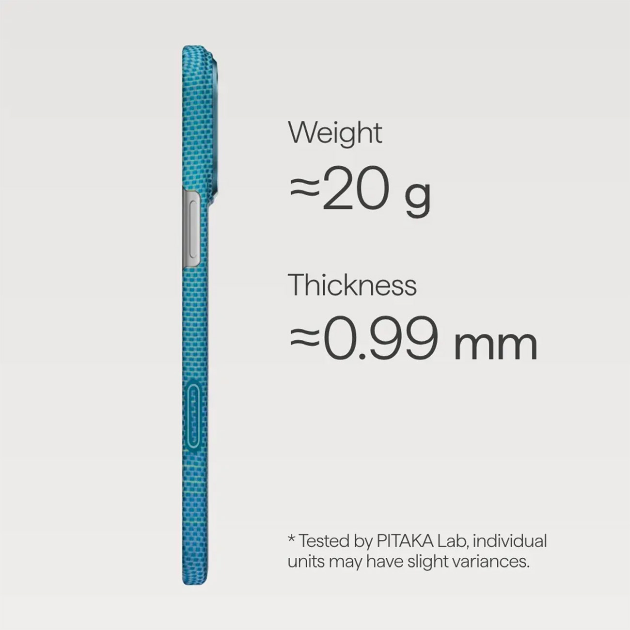 Se muestra una funda de teléfono texturizada azul, con un peso de 20g y 0,99mm de grosor.