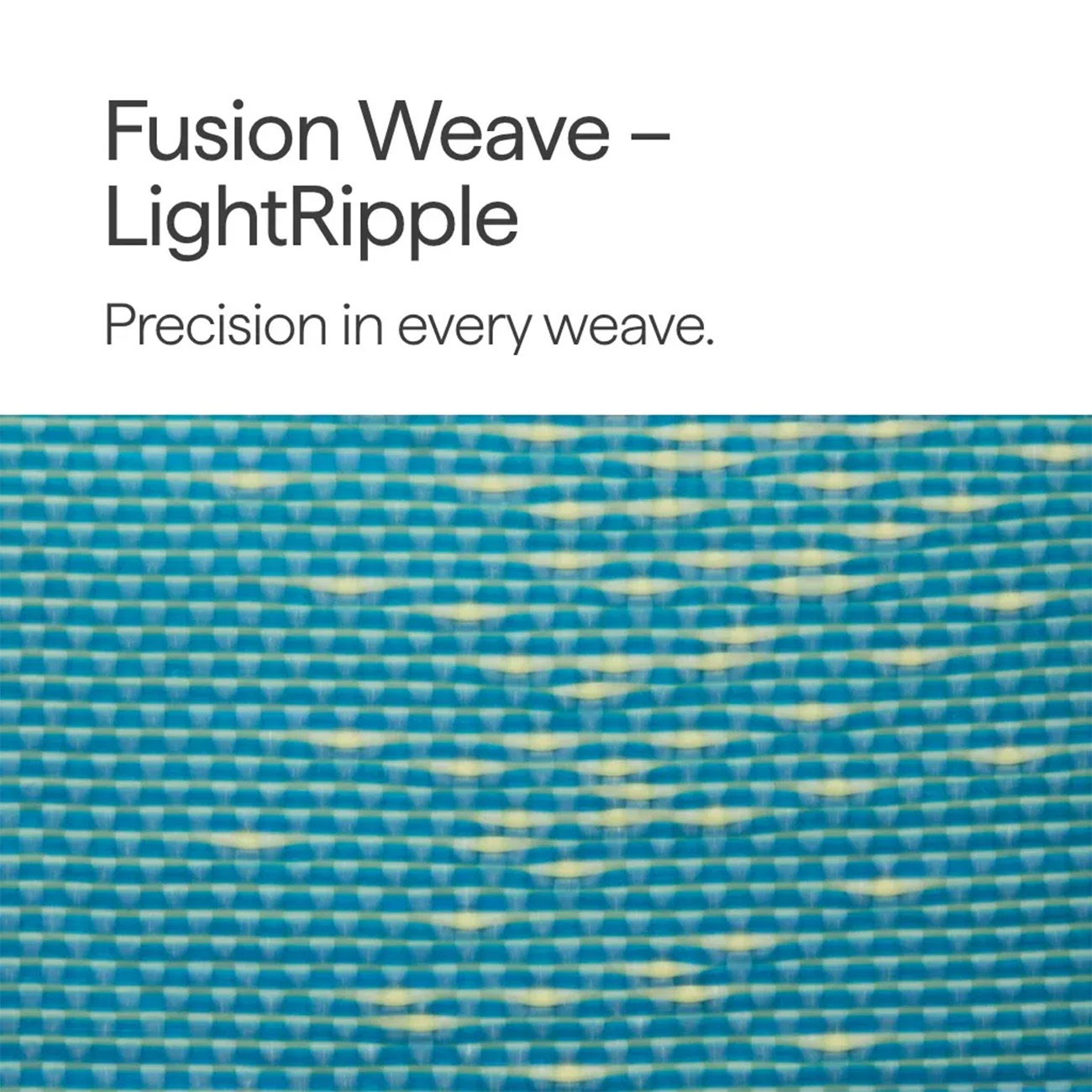 Tejido azul con hilos amarillos formando ondas. Texto: Fusion Weave.