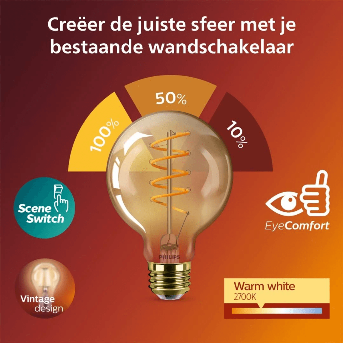 A light bulb with 100%, 50%, 10% dimming and vintage design.