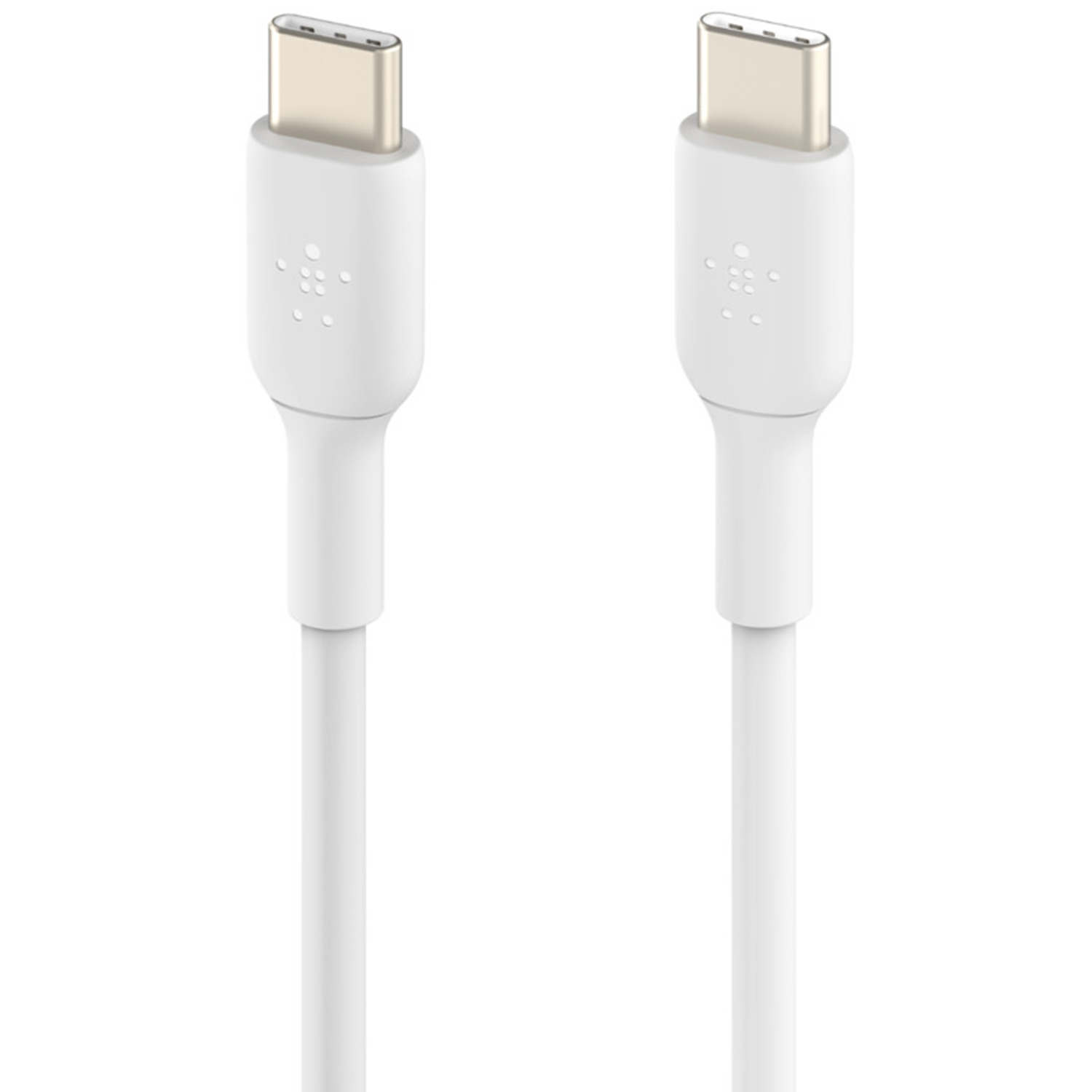 Zwei weiße USB-C-Kabel mit silbernen Steckern auf weißem Hintergrund.