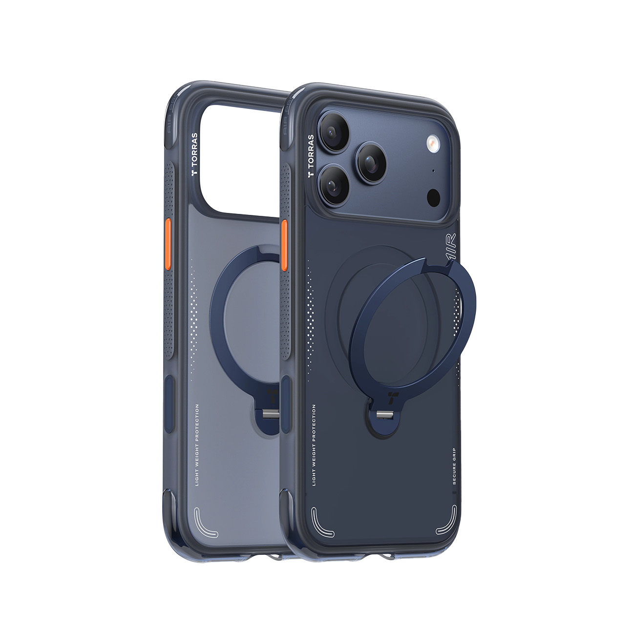 Dos fundas de teléfono azul oscuro con soportes de anillo integrados.