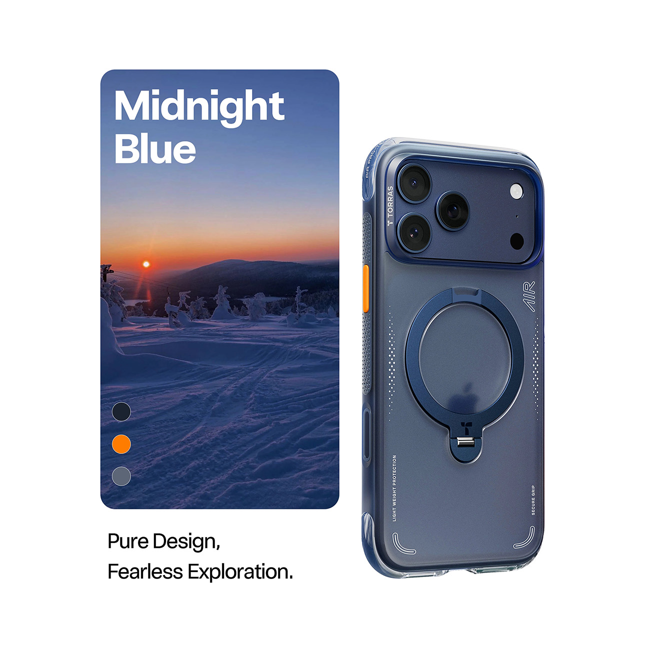 Una funda de teléfono azul medianoche junto a una escena de atardecer en un paisaje nevado.