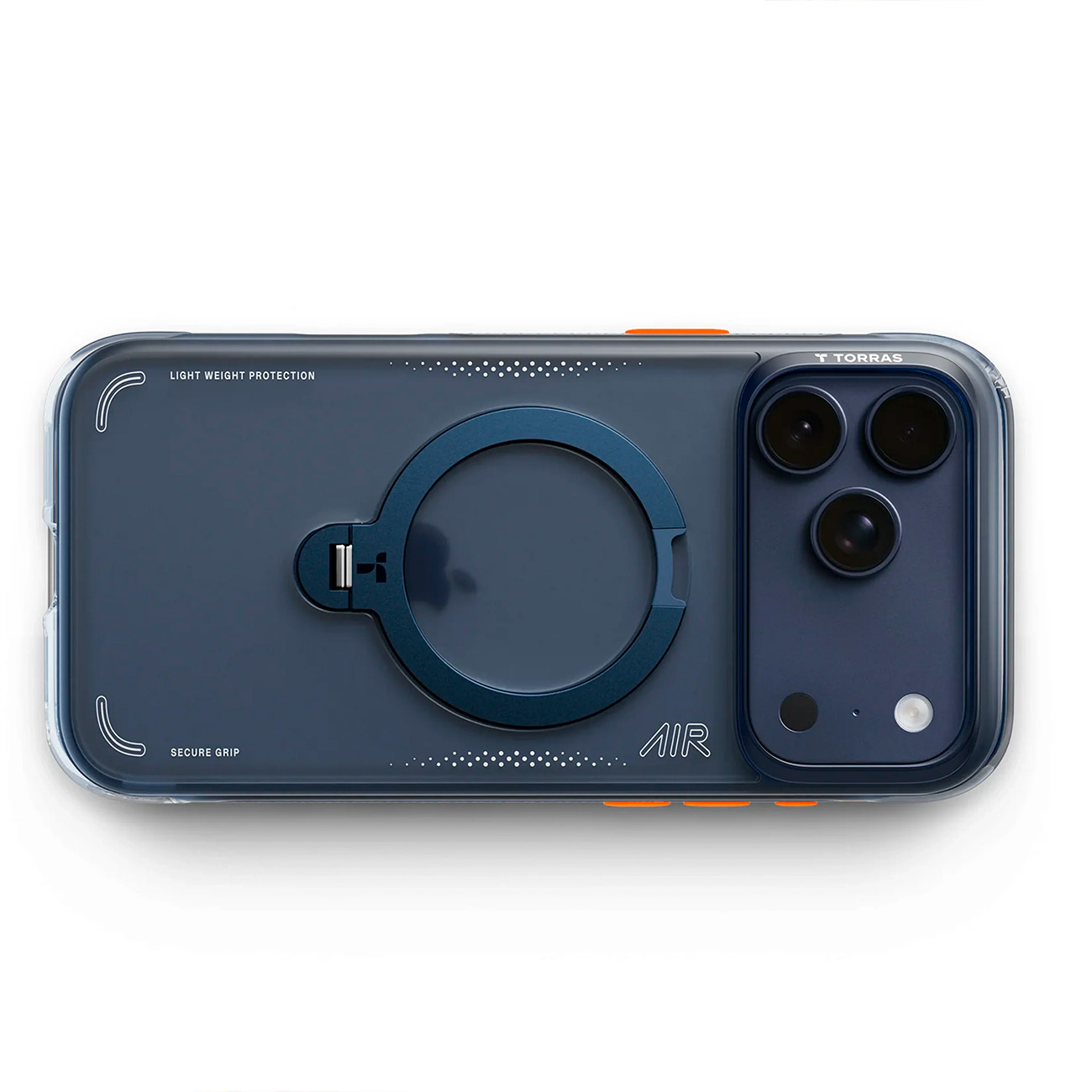 Funda de teléfono gris oscuro con soporte de anillo y corte de cámara.