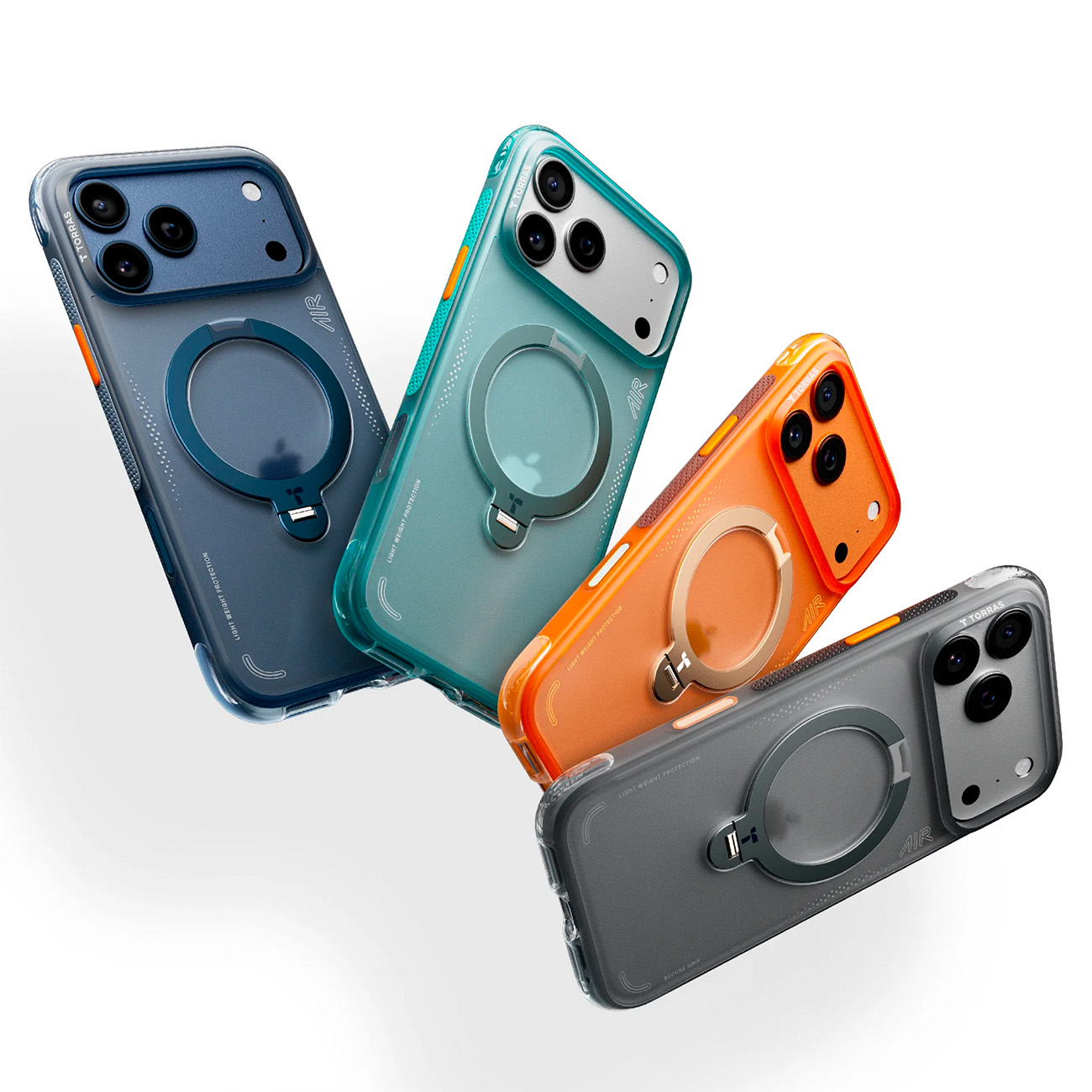 Cuatro fundas de teléfono en azul, turquesa, naranja y gris con soportes de anillo.