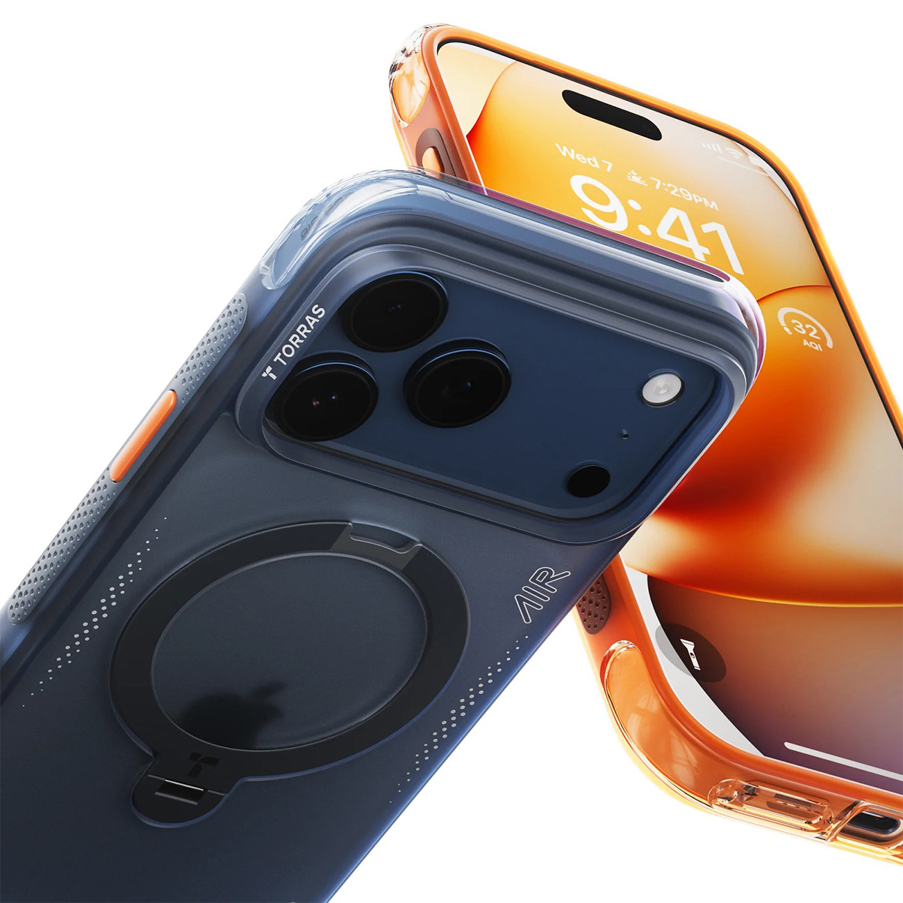 Dos iPhones uno al lado del otro, uno con funda azul, el otro con funda naranja.