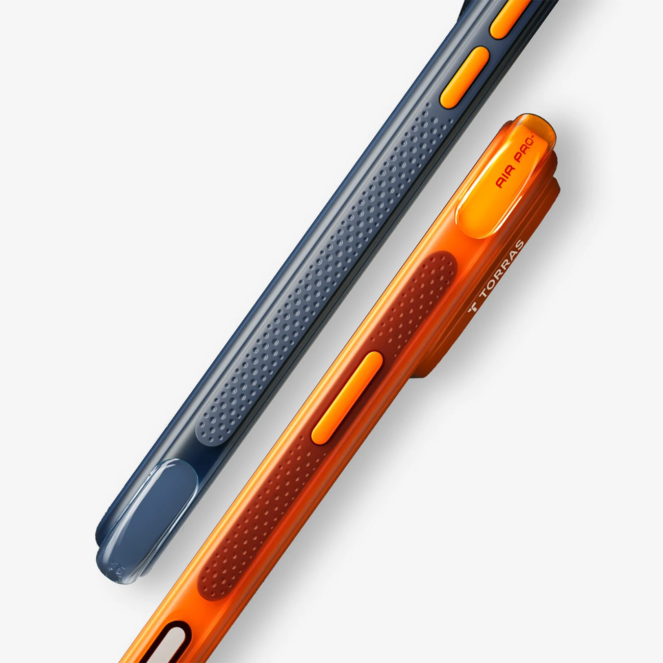 Dos fundas de teléfono, una naranja y otra azul oscuro, con textura y botones.