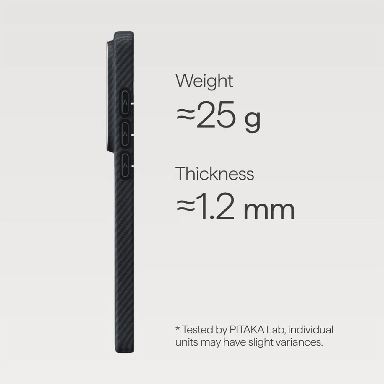 Funda de teléfono negra, 25g de peso, 1,2mm de grosor.