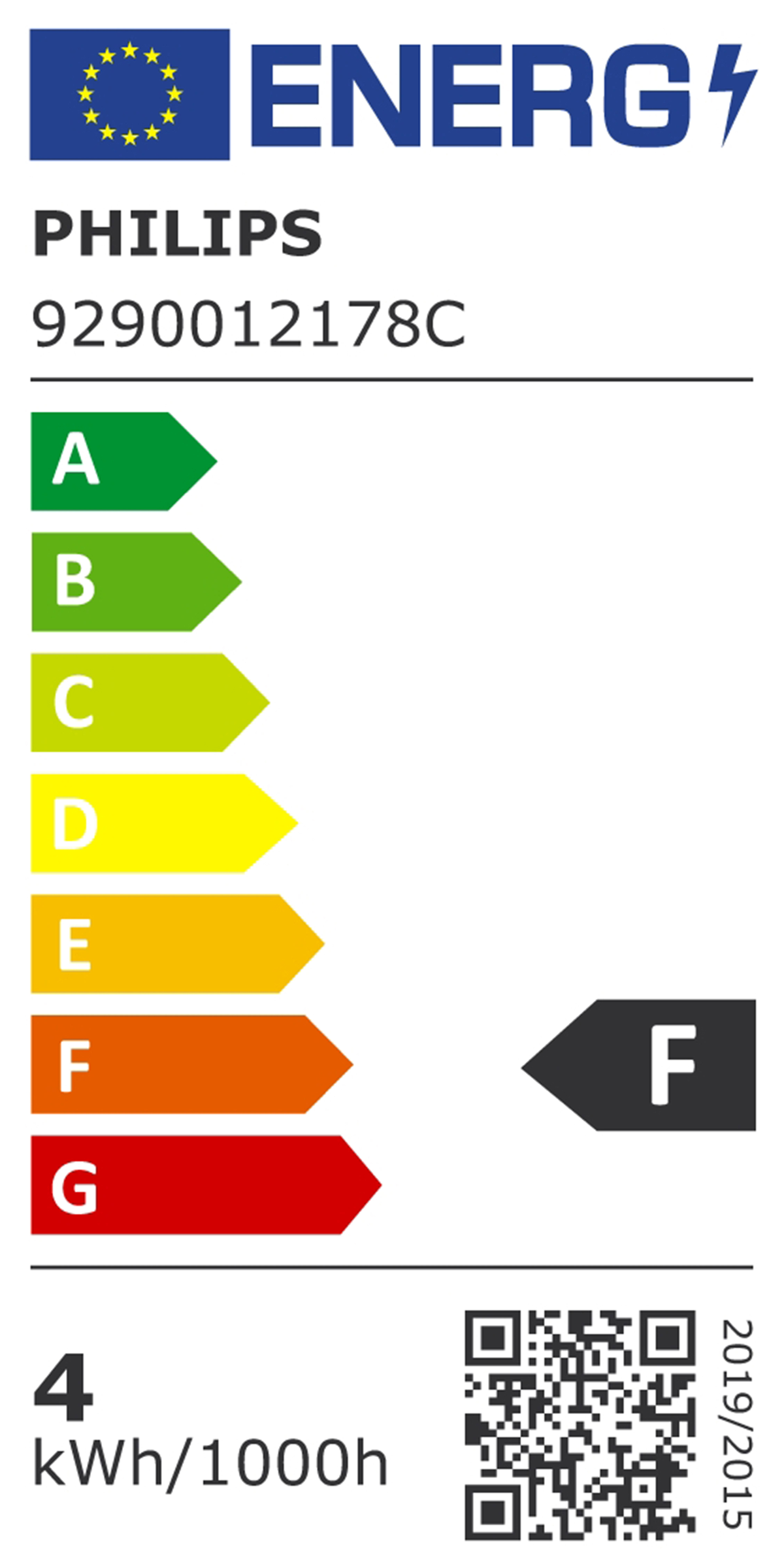 Etiqueta energética con logo Philips, código de producto, clases A-G y consumo de energía.