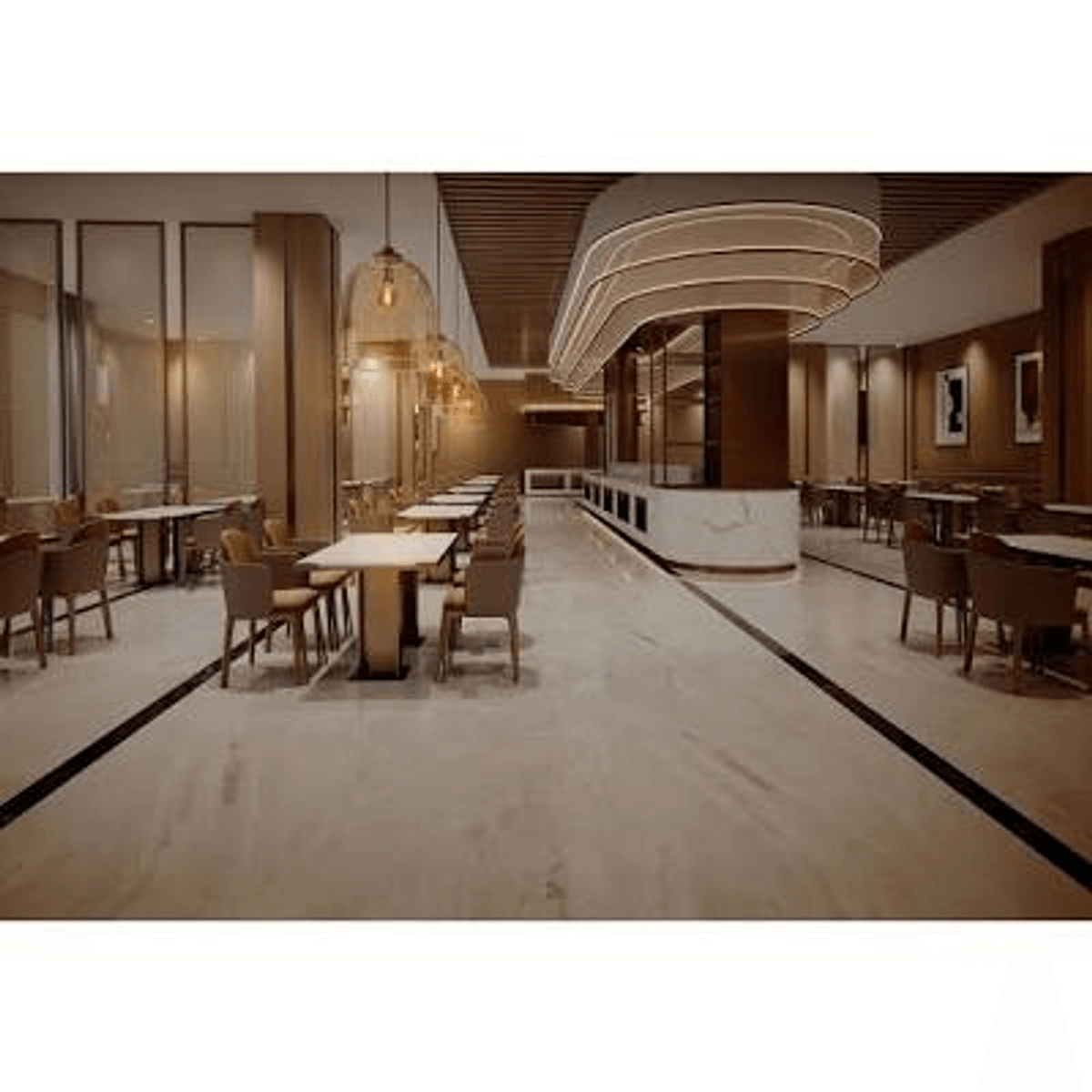 A modern dining hall with tables, chairs, and pendant lights.